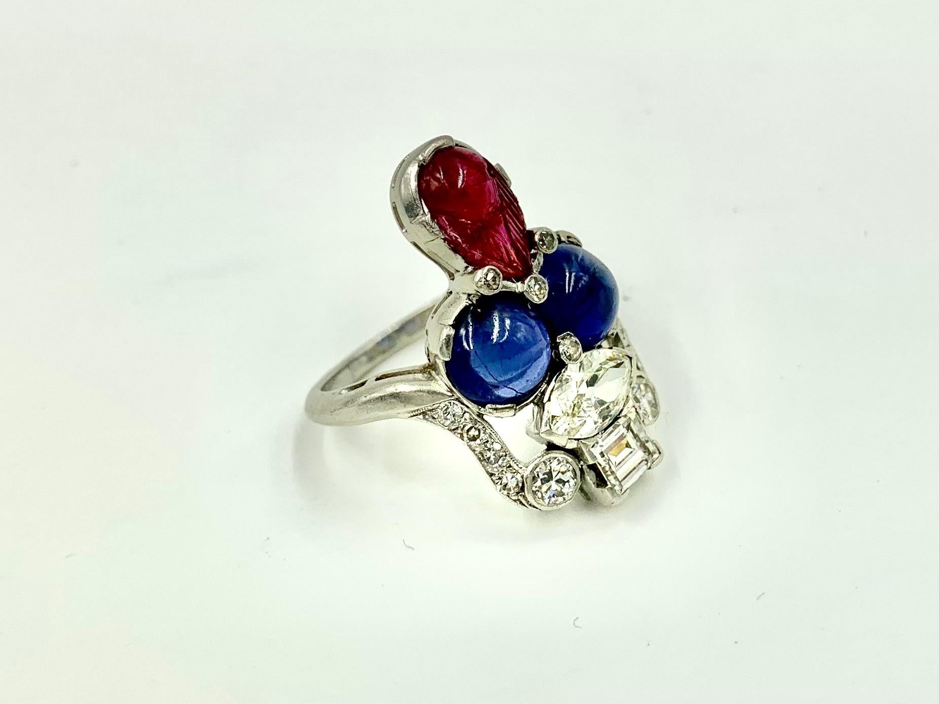Art Deco Period Tutti Frutti Diamond Sapphire Carved Ruby Platinum Ring For Sale 2