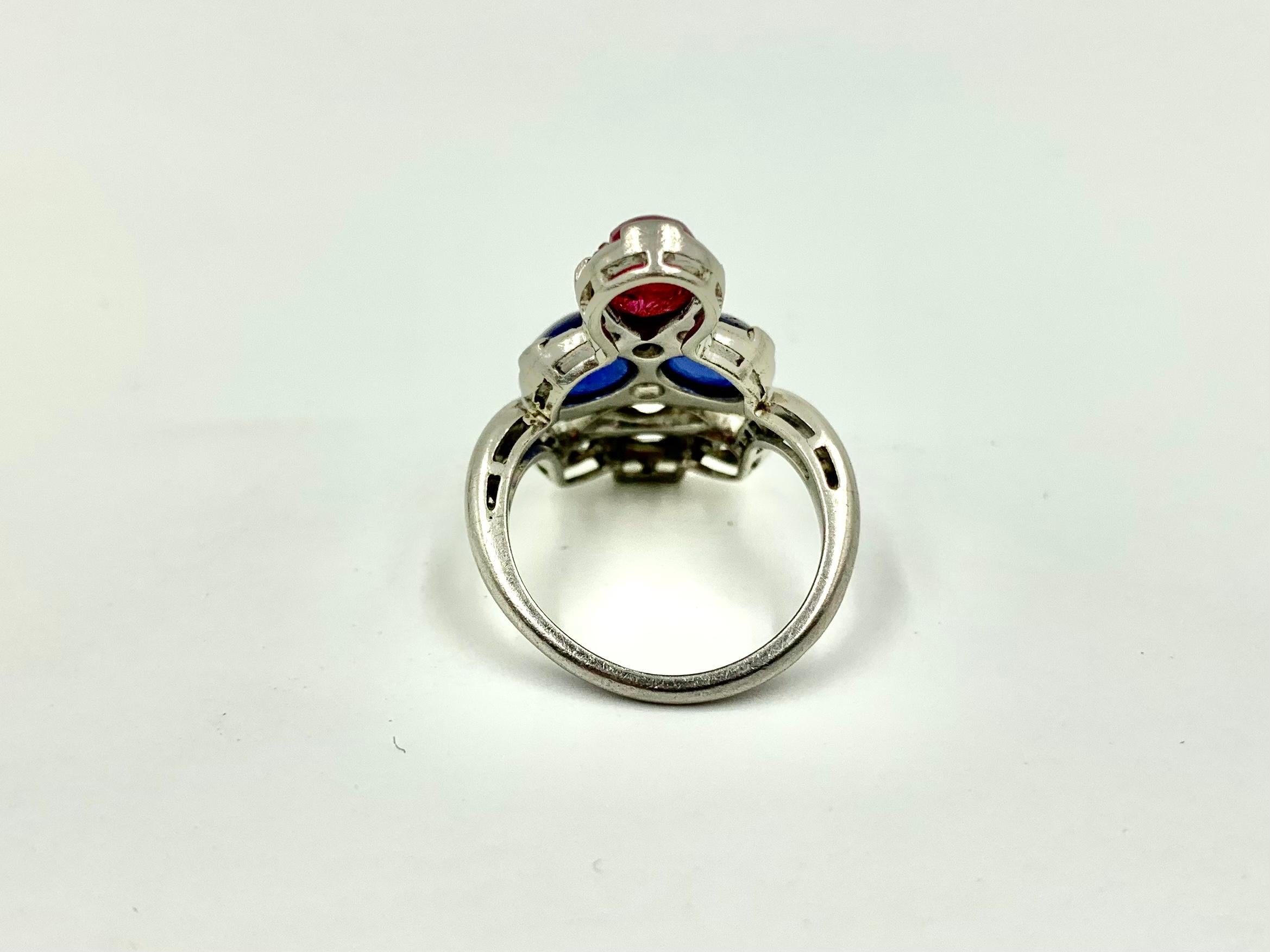 Art Deco Period Tutti Frutti Diamond Sapphire Carved Ruby Platinum Ring For Sale 3