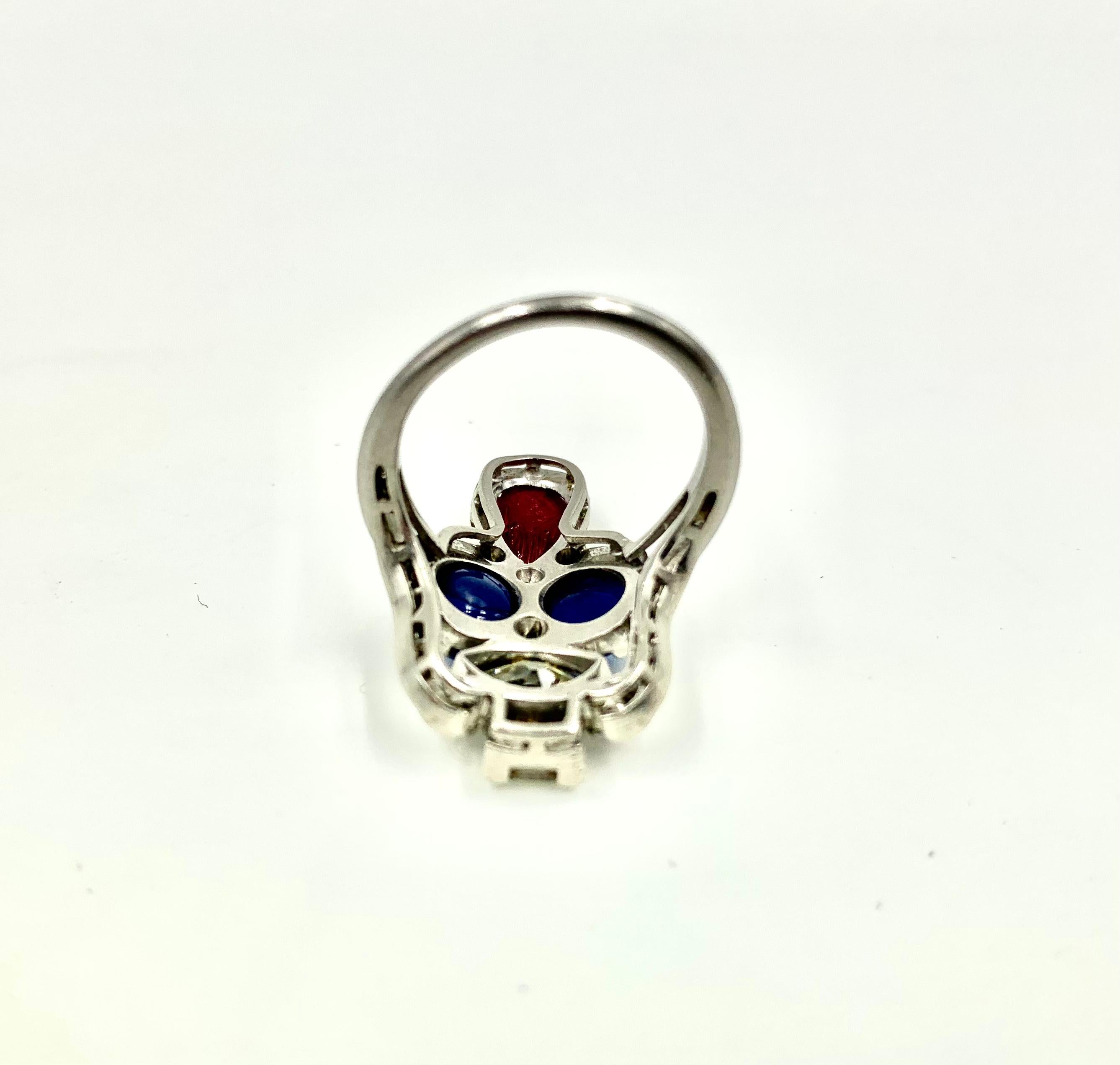 Art Deco Period Tutti Frutti Diamond Sapphire Carved Ruby Platinum Ring For Sale 4
