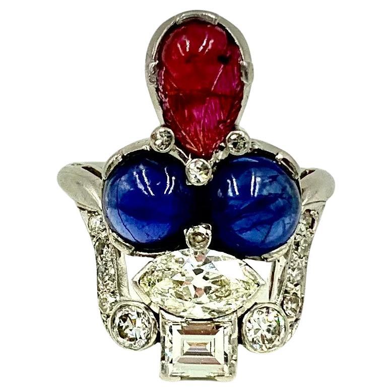 Art Deco Period Tutti Frutti Diamond Sapphire Carved Ruby Platinum Ring For Sale