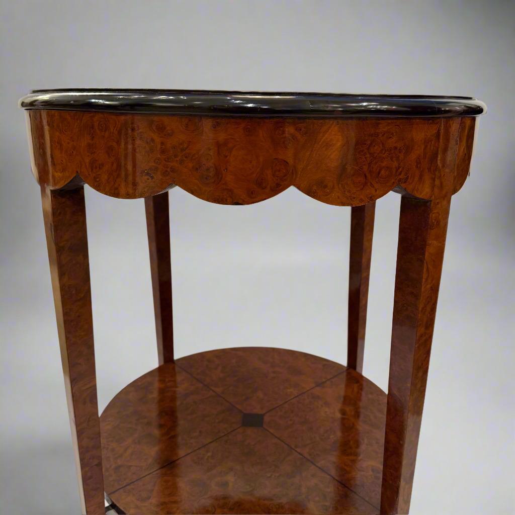 French Art Deco Period Two Tier Amboyna Inlaid with Ebony Table, France circa 1930.