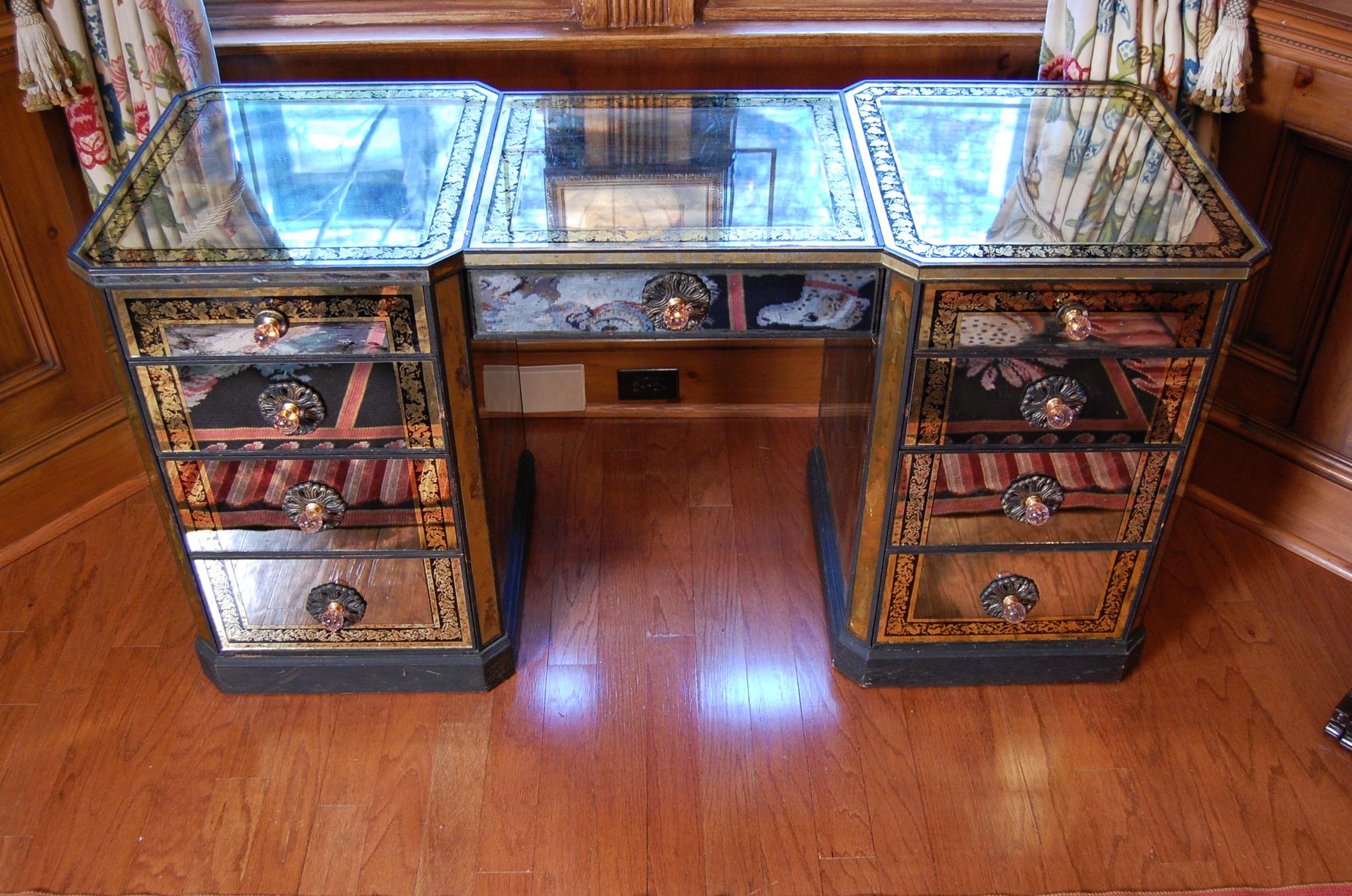 This wonderful desk/ dressing table is outfitted with 7 drawers, the two bottom drawers being set up for either letter or legal size filing. Each of the other drawers is lined in a blue cotton fabric. Overall condition is very good, with the usual