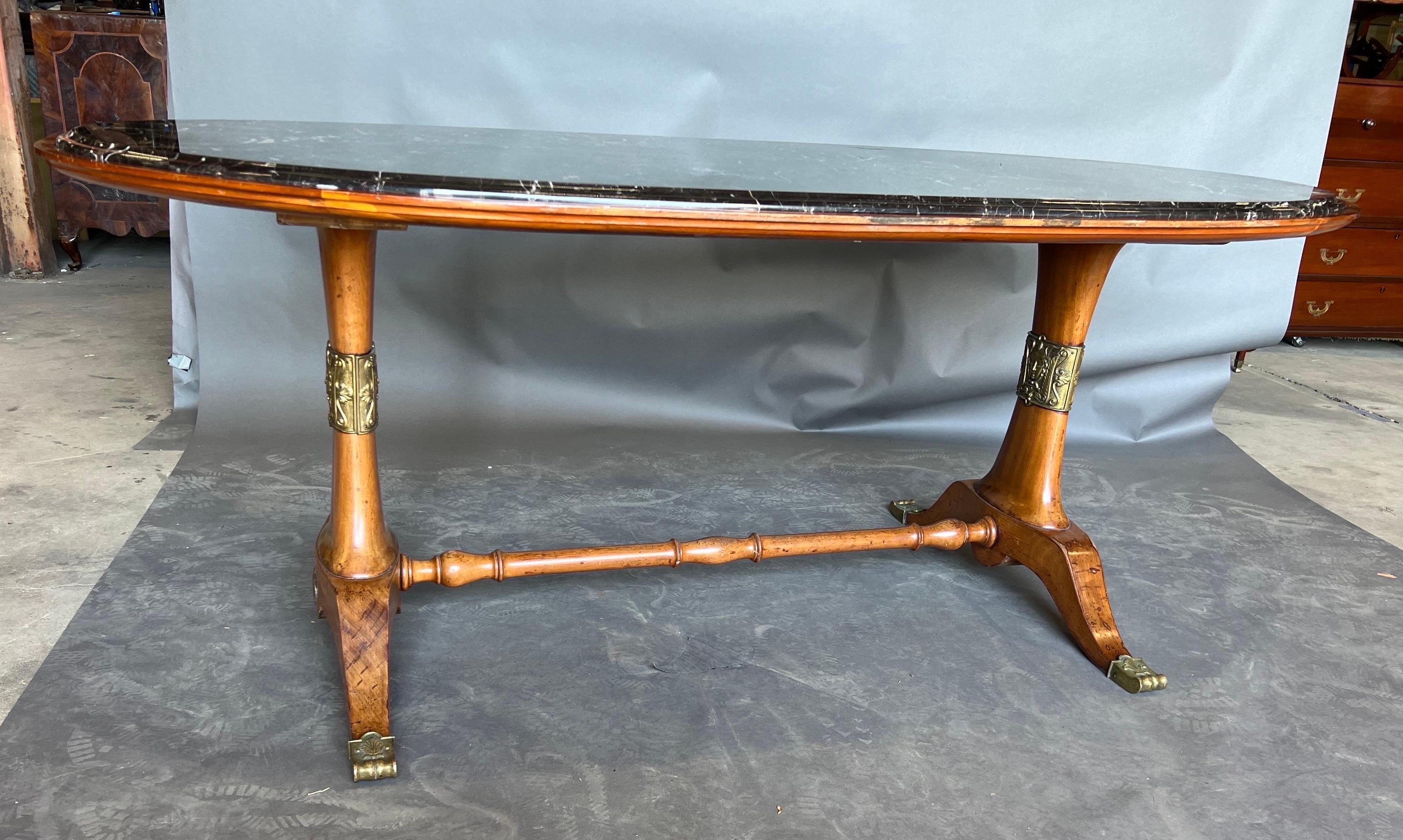 French Art Deco Period Walnut and Marble Table with Bronze Appliqués For Sale