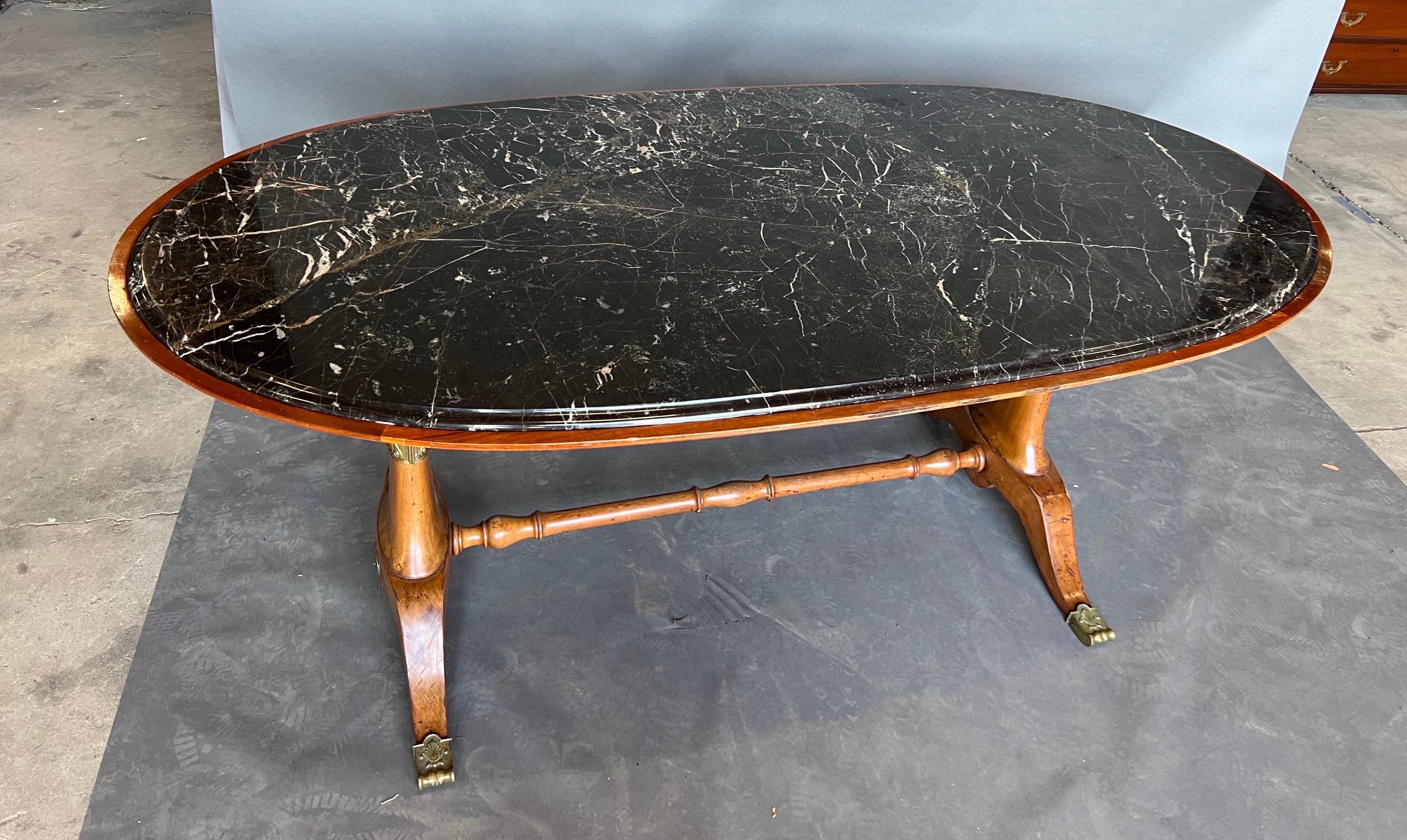 Art Deco Period Walnut and Marble Table with Bronze Appliqués In Good Condition For Sale In Charleston, SC