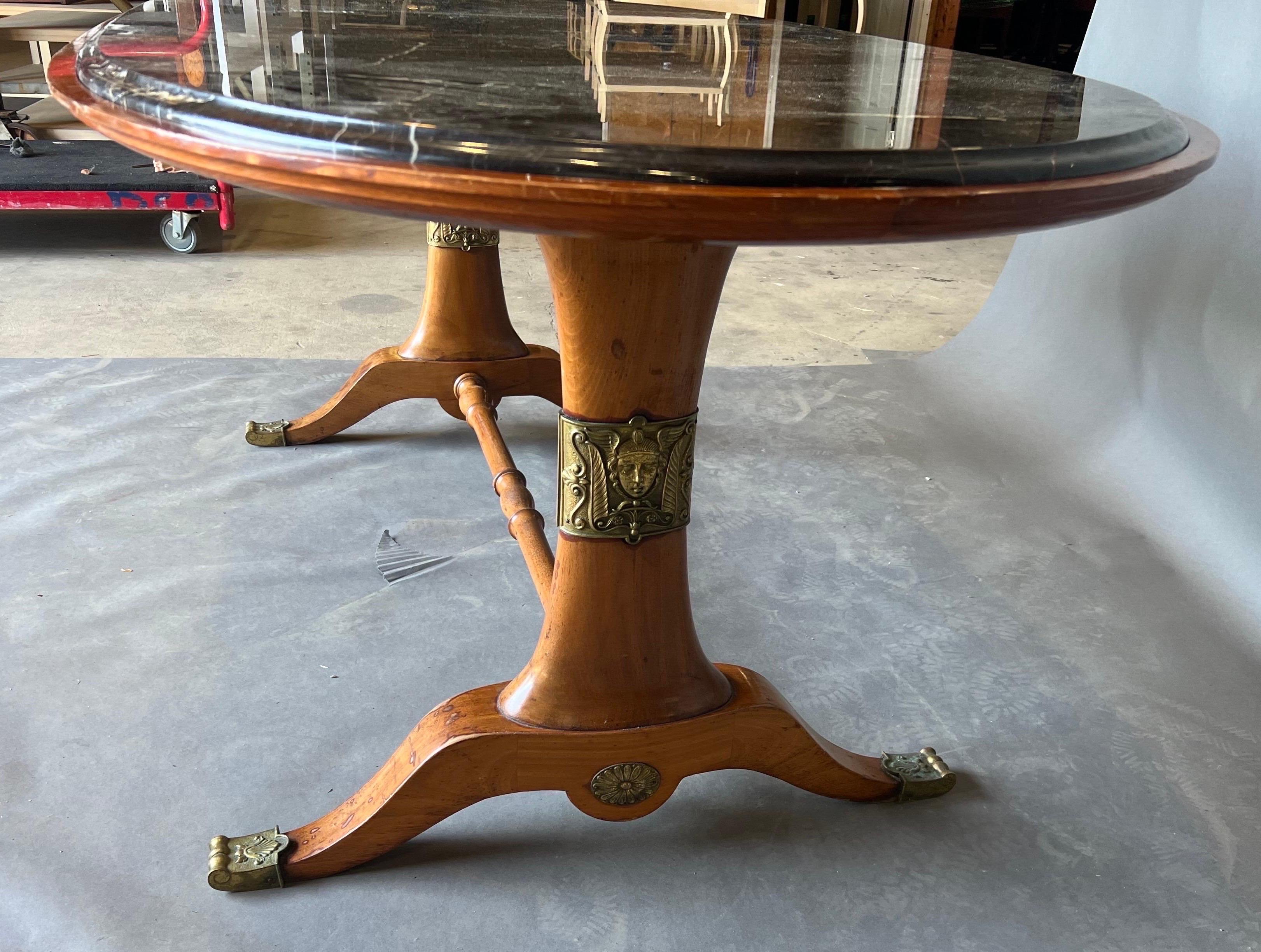 20th Century Art Deco Period Walnut and Marble Table with Bronze Appliqués For Sale