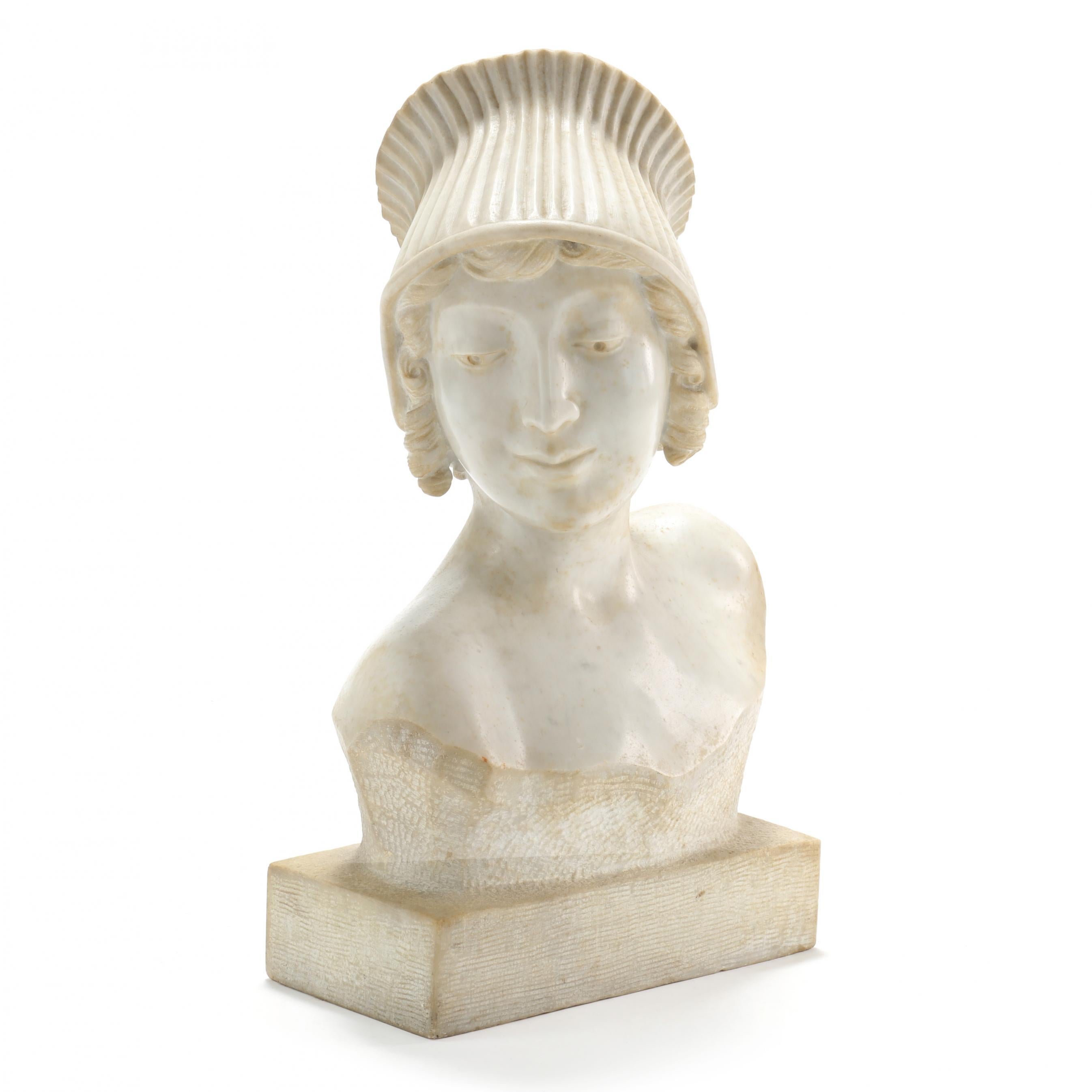 Art Deco Period White Carrara Marble Bust of a Young Lady For Sale 3
