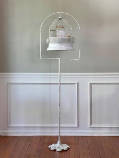 Art Deco Period White Painted Metal Birdcage with Stand