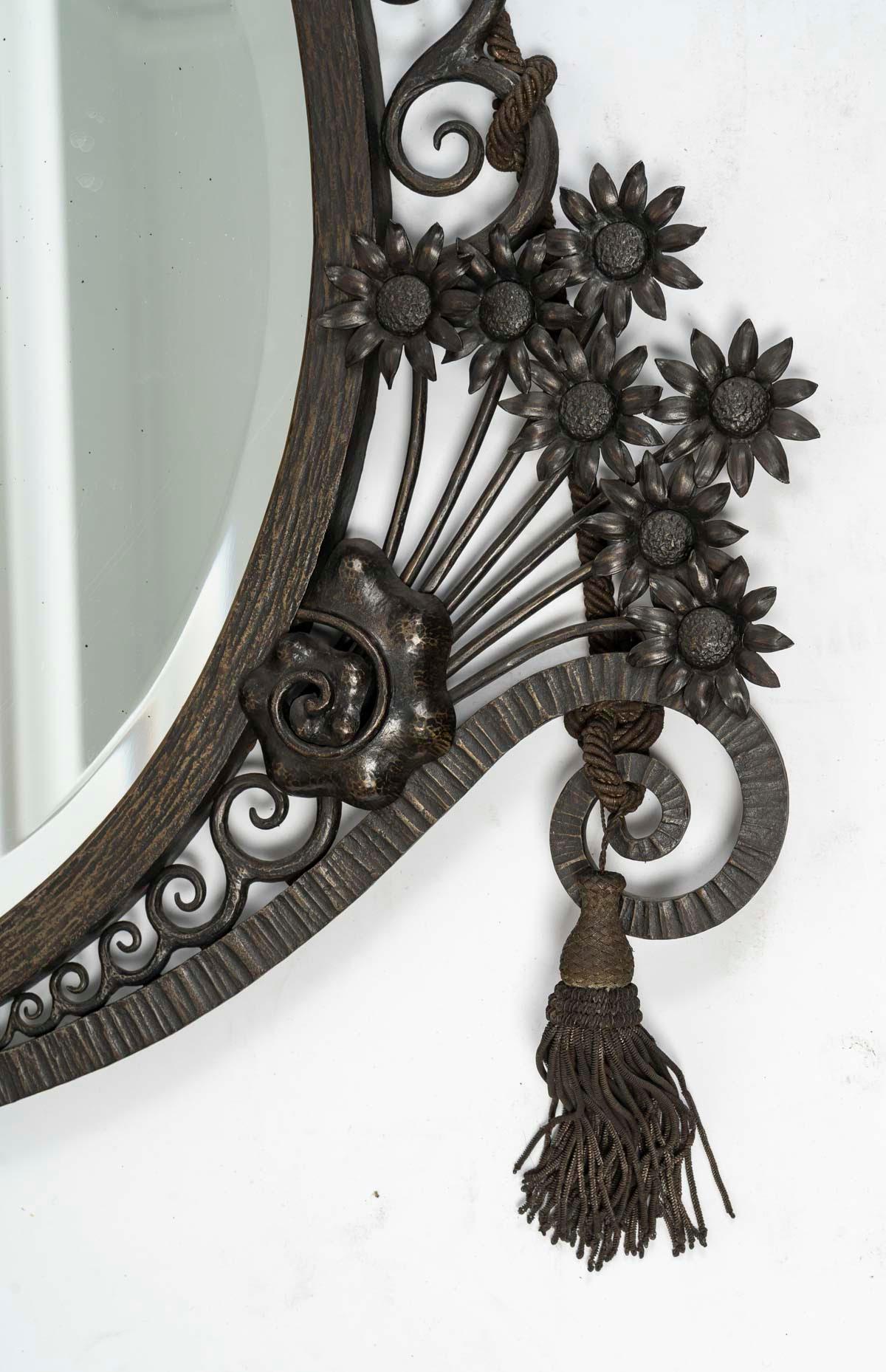 French Art Deco Period Wrought Iron Mirror, 1930, Bevelled Mirror. For Sale