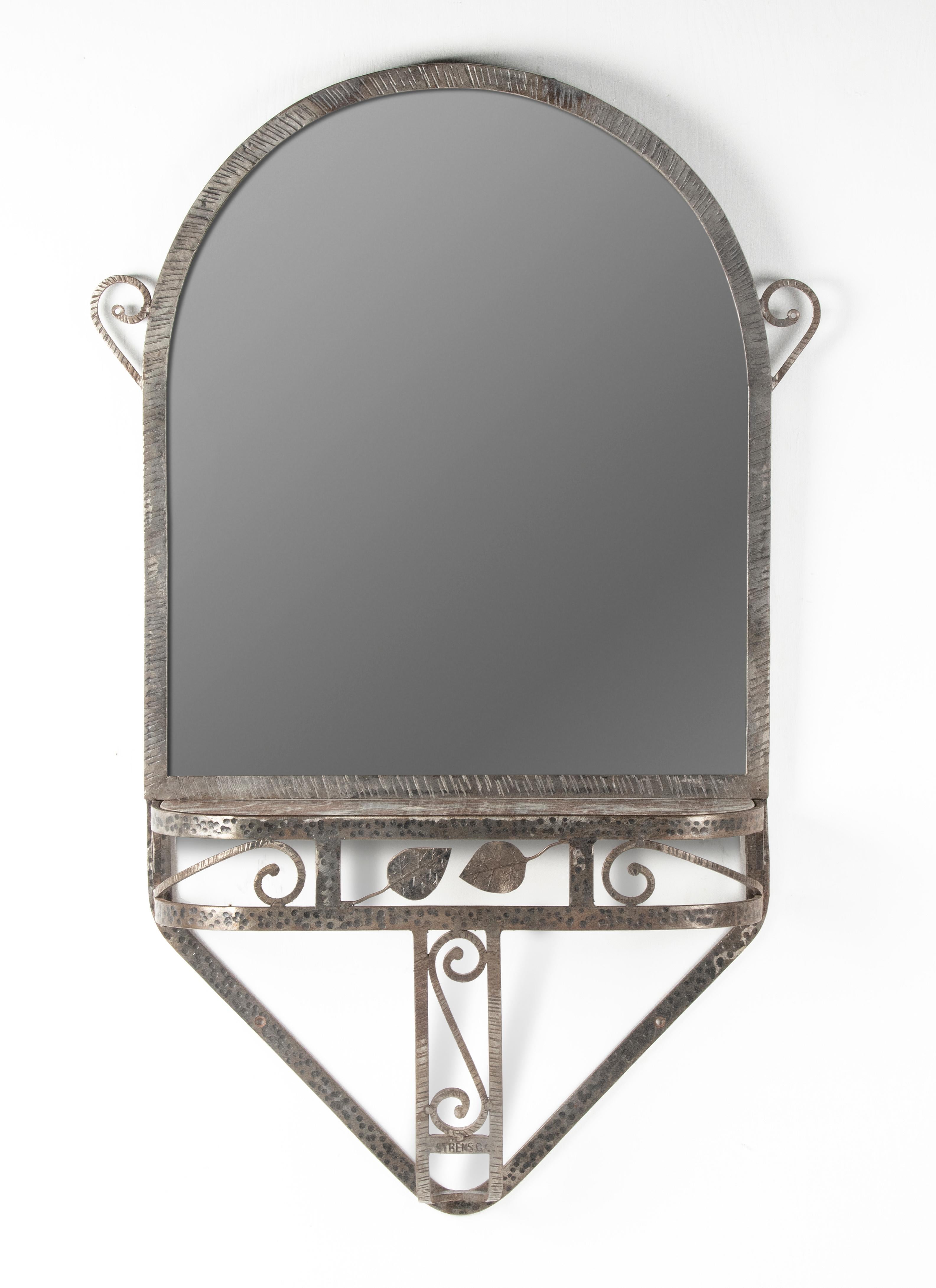 Forged Art Deco Period Wrought Iron Wall Mirror with Marble Console, Strens For Sale
