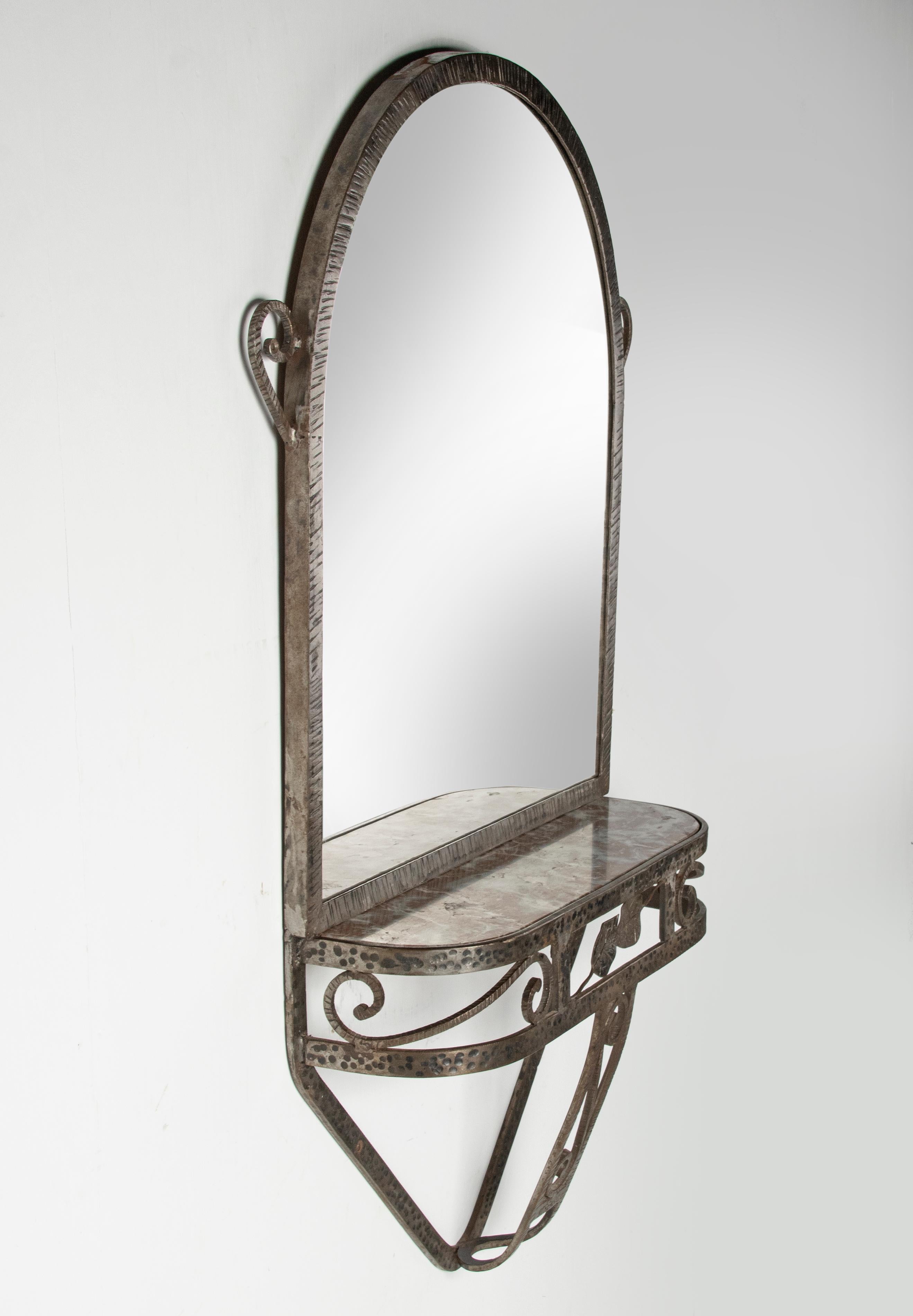Art Deco Period Wrought Iron Wall Mirror with Marble Console, Strens For Sale 2