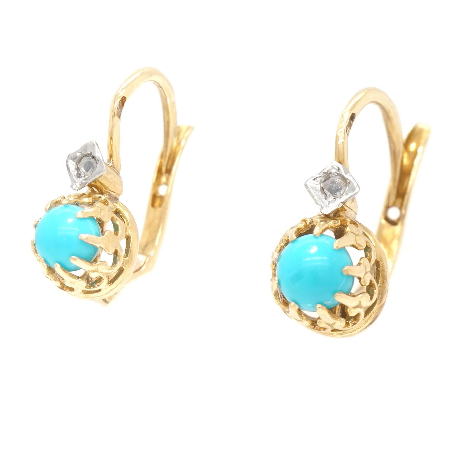 Cabochon Art Deco Persian Turquoise and Diamond Earrings