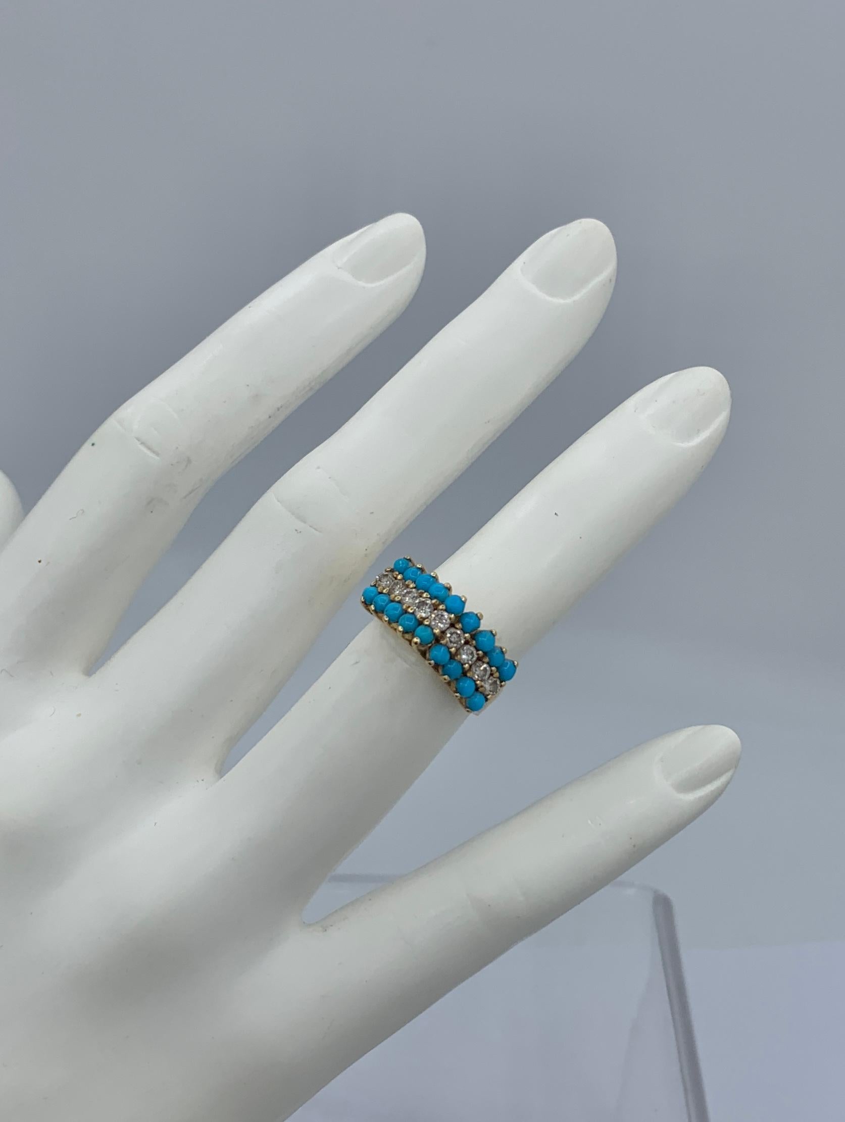 Cabochon Art Deco Persian Turquoise Diamond Ring 14 Karat Gold Antique For Sale