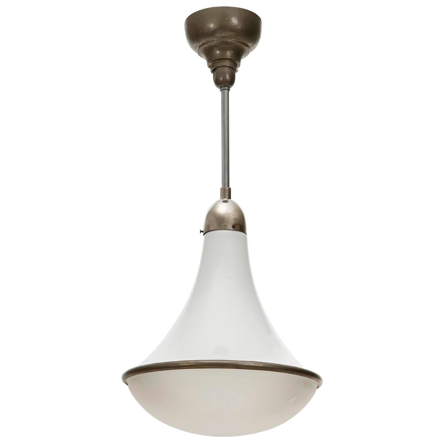 Art Deco Peter Behrens Light Fixture Chandelier, Opal Glass Nickel, Germany 1910