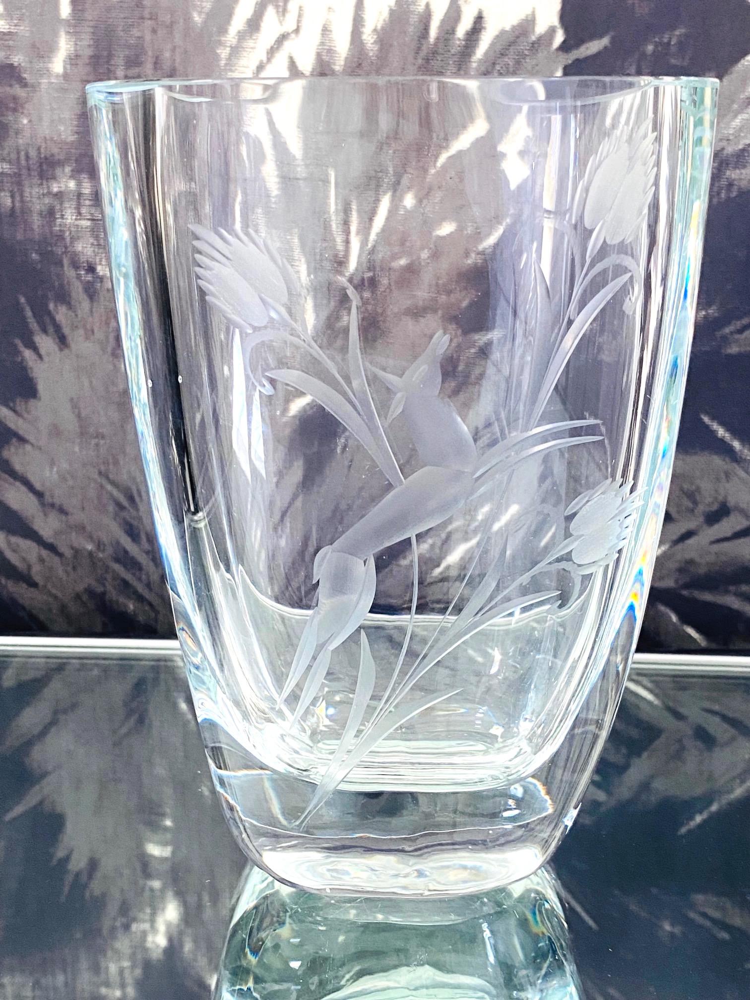 Art Deco Petite Crystal Glass Vase with Etched Leaping Doe, Sweden, 1930s 6