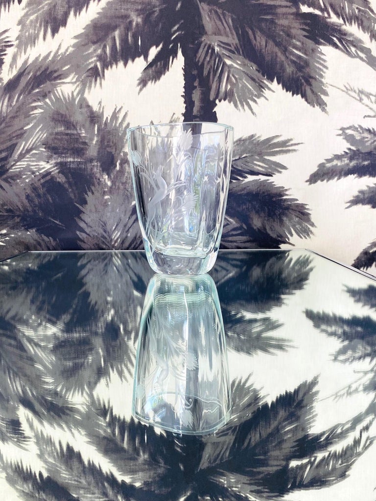 Swedish Art Deco Petite Crystal Glass Vase with Etched Leaping Doe, Sweden, 1930s For Sale