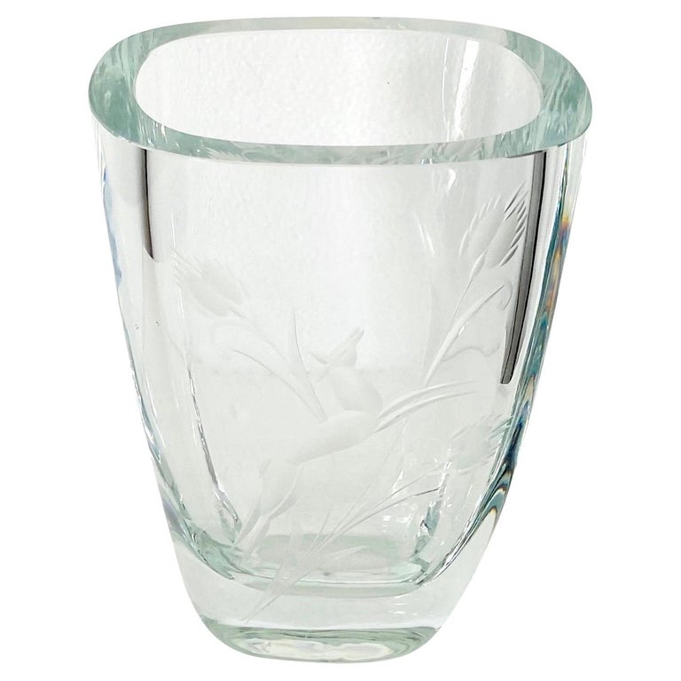 Art Deco Petite Crystal Glass Vase with Etched Leaping Doe, Sweden, 1930s For Sale