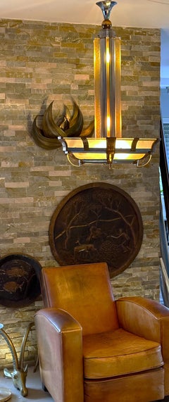 Art Deco Petitot Chandelier Chrome Copper Rose Glass, France 1938