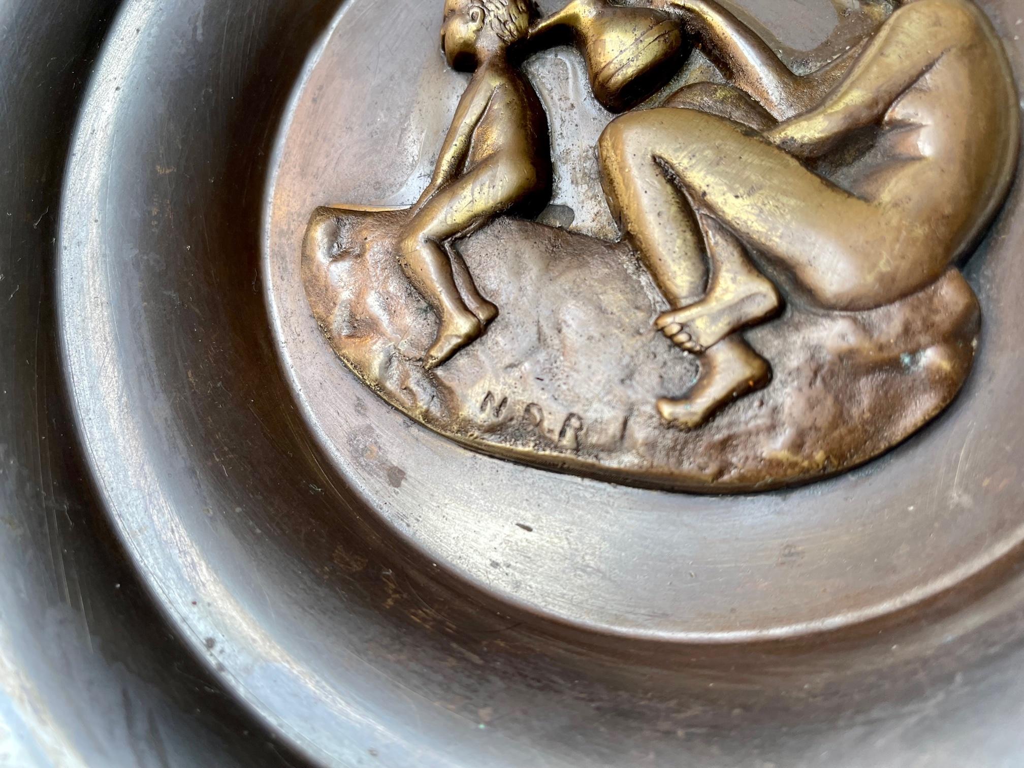 Patinated Art Deco Pewter and Bronze Bowl with Intimate Mother and Child Motif, 1940s For Sale