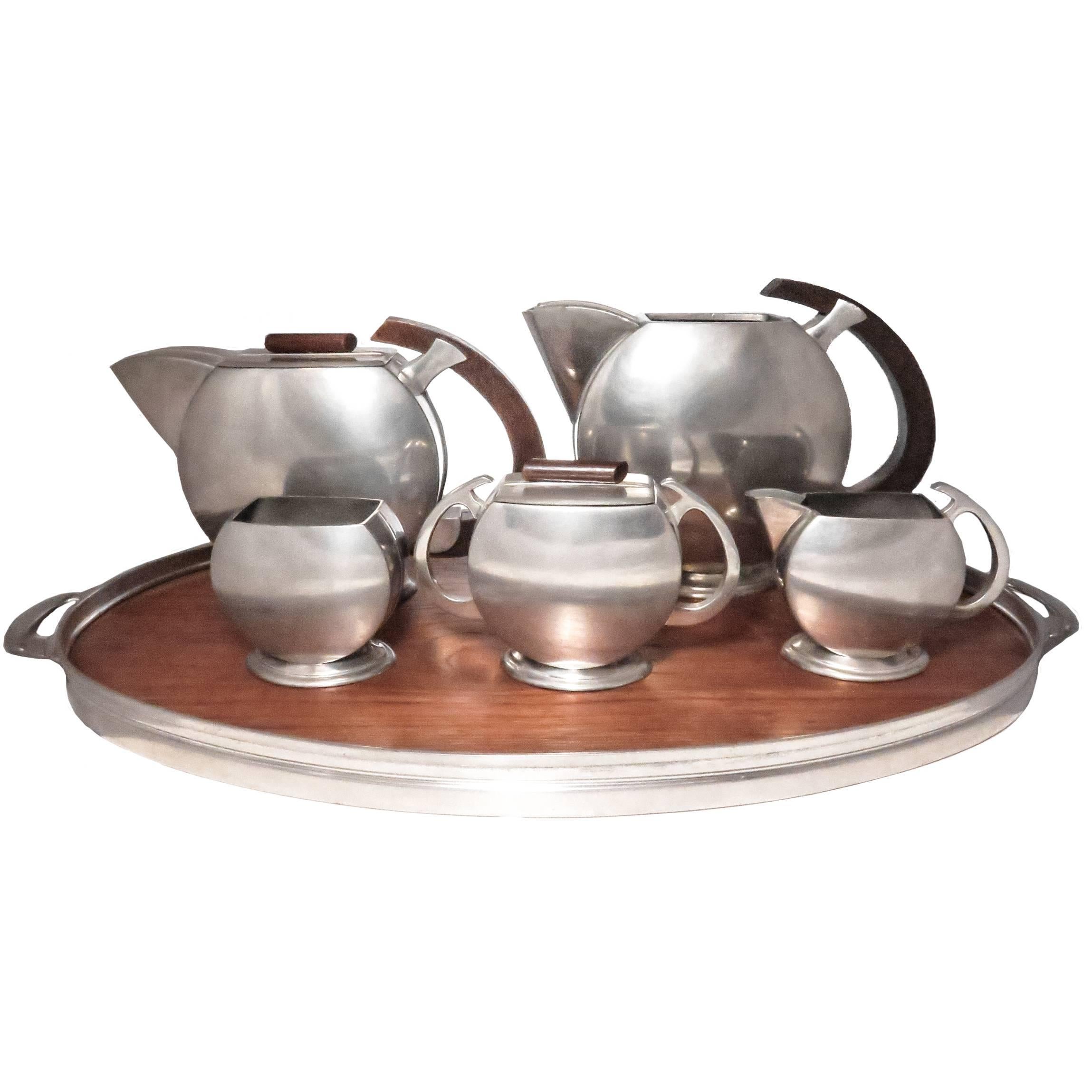 Art Deco Pewter and Wood Tea Set Zeister Holland