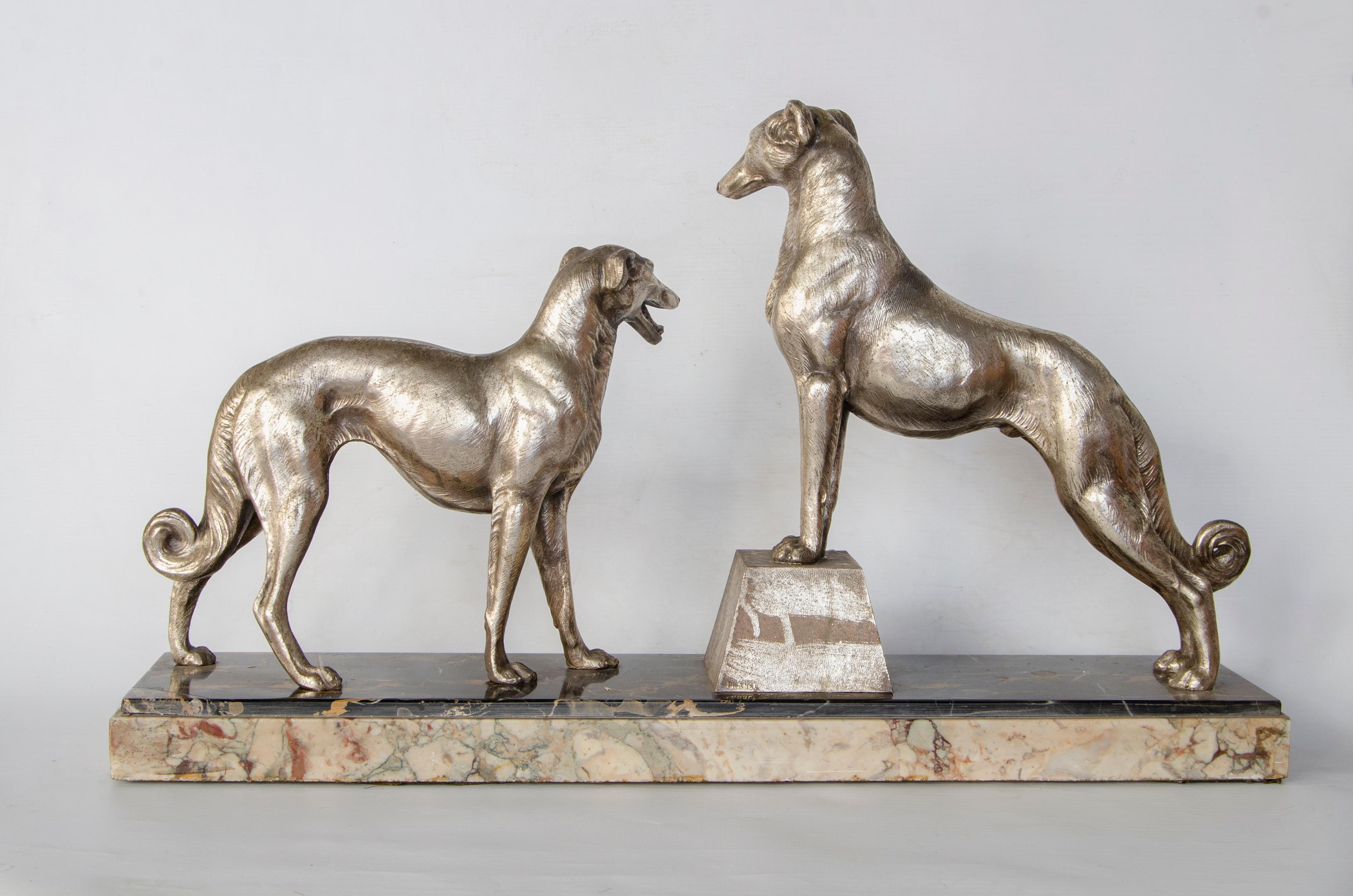 Art Deco pewter greyhound sculpture
electroplated origin France
French foundry,
circa 1930
natural wear
French foundry stamp.