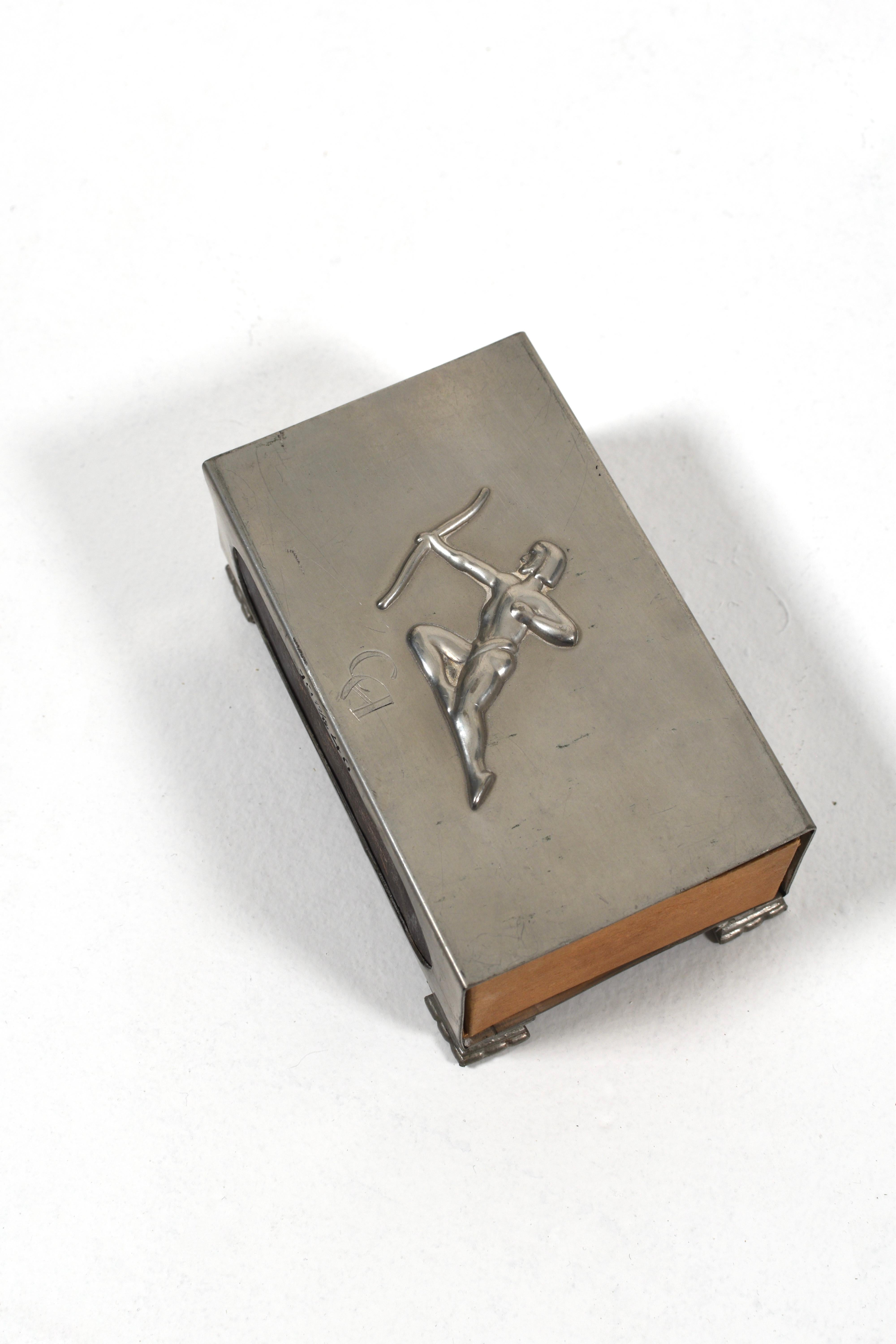 Swedish Art Deco Pewter Matchbox Holder with Archer Relief, 1940s For Sale