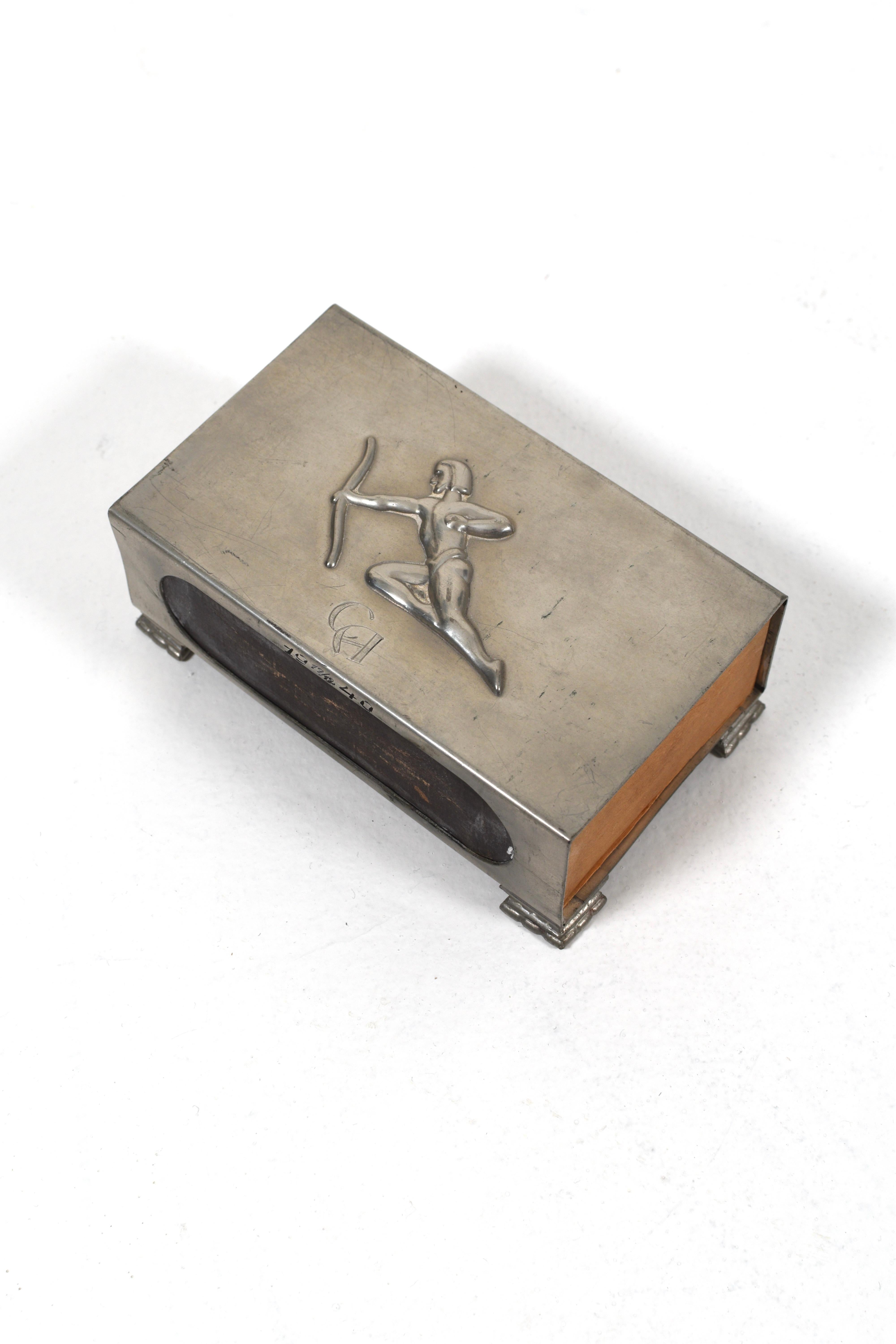Art Deco Pewter Matchbox Holder with Archer Relief, 1940s In Good Condition For Sale In Göteborg, SE