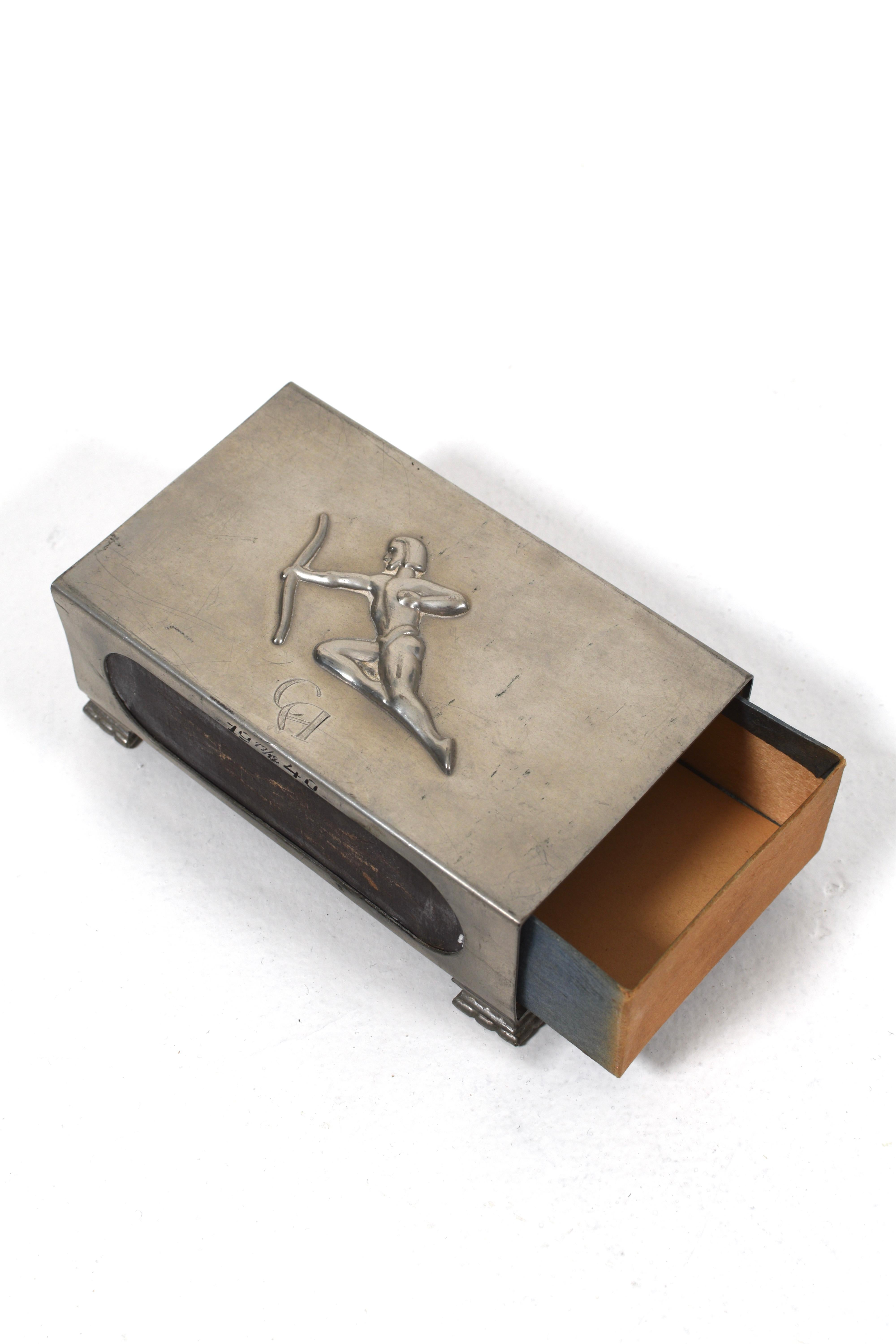 Mid-20th Century Art Deco Pewter Matchbox Holder with Archer Relief, 1940s For Sale
