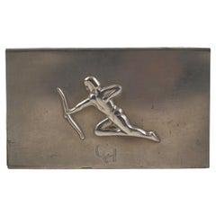 Porte-boîte d'allumettes Art déco en étain avec relief d'Archer, années 1940