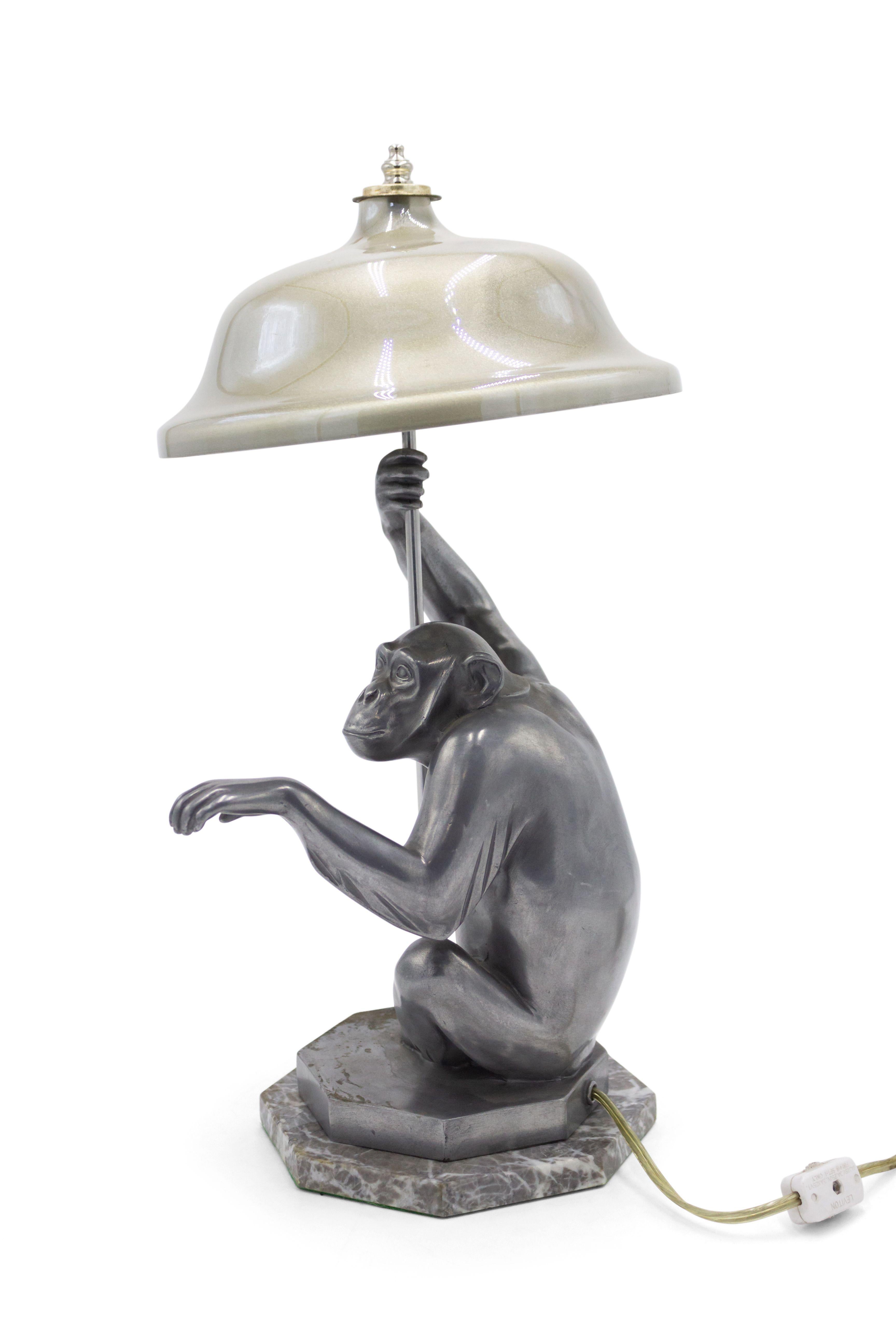 Glass Art Deco Pewter Monkey Table Lamps For Sale