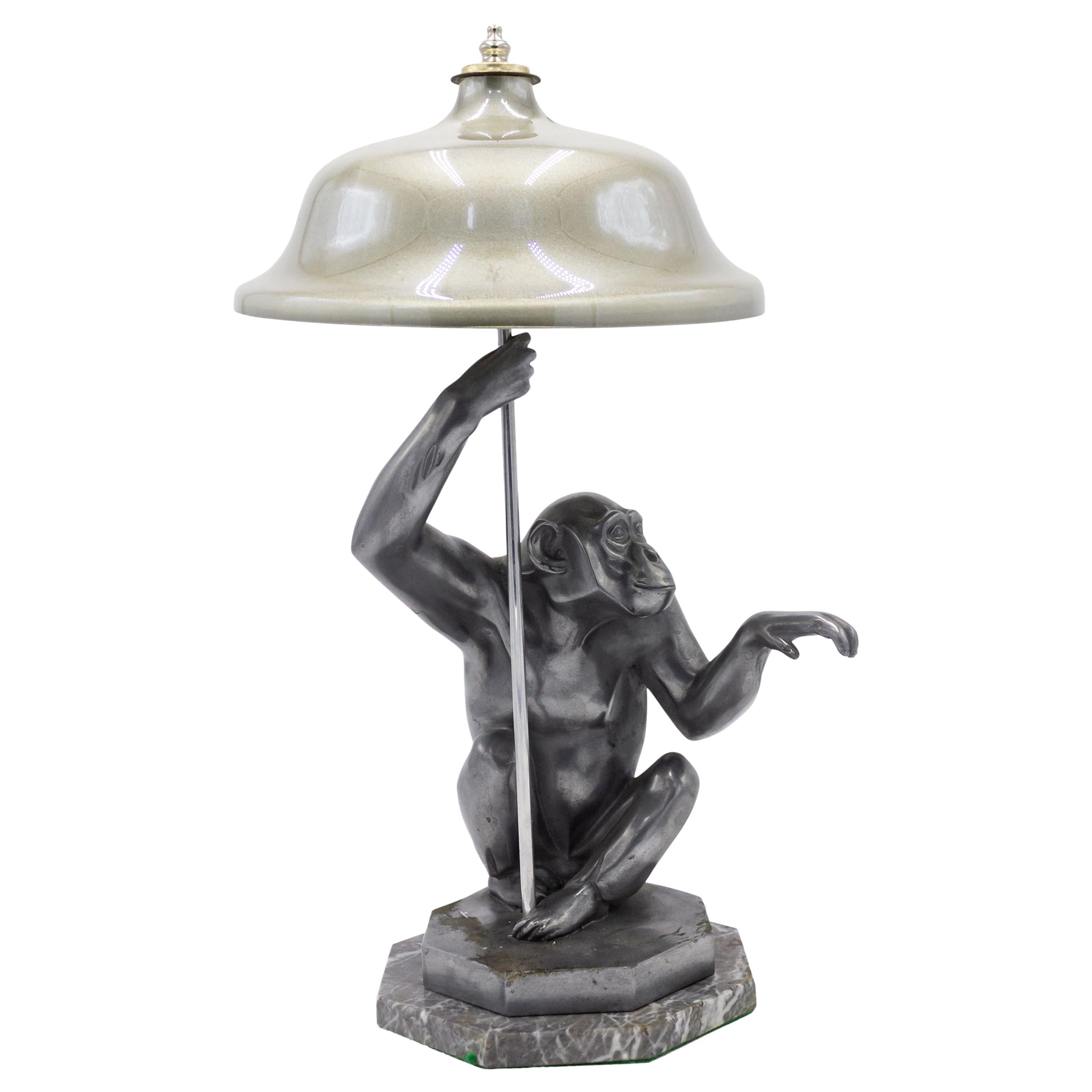 Art Deco Pewter Monkey Table Lamps For Sale