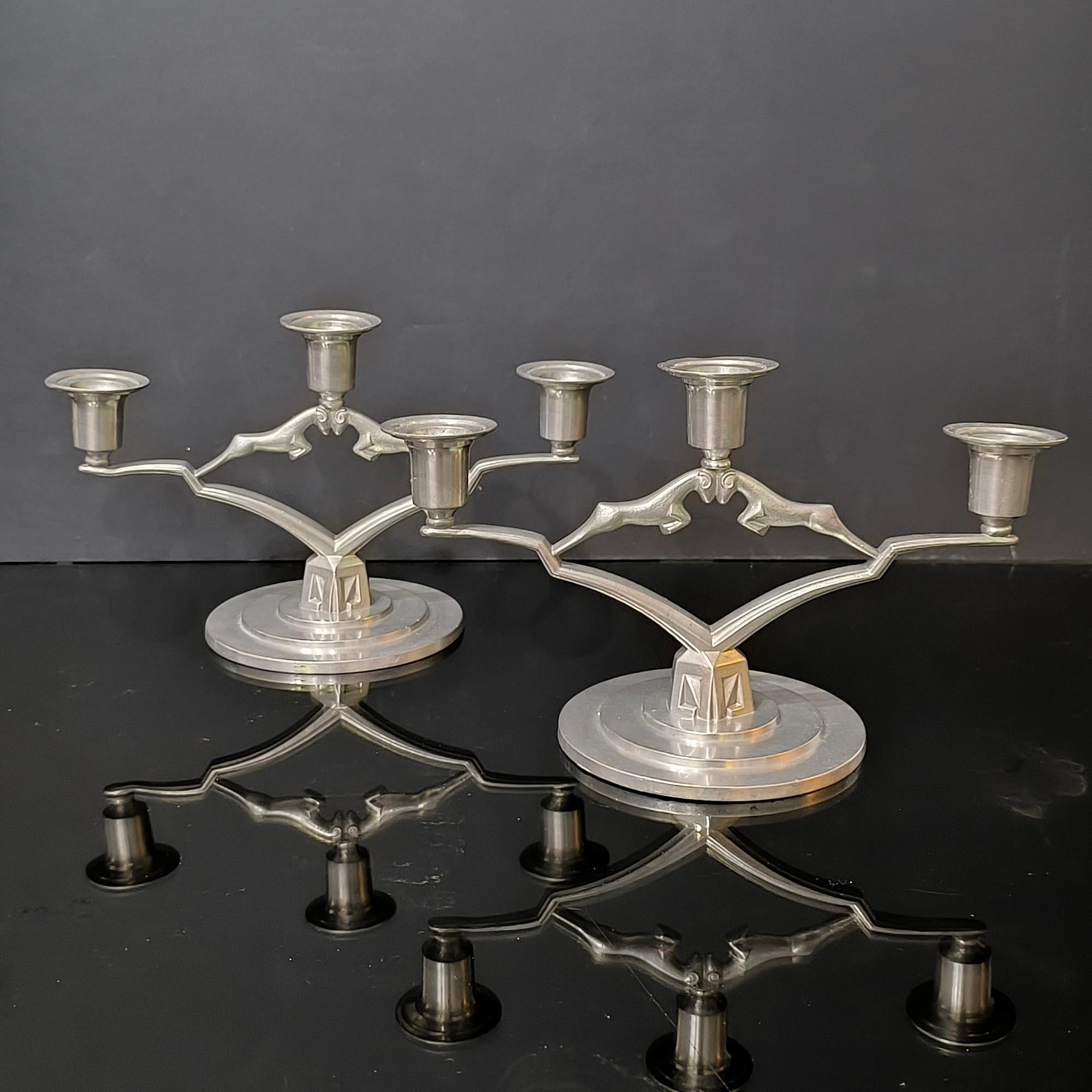 Swedish Art Deco Pewter Pair of Candle Holders by JL Hultman, Svenskt Tenn, Sweden 1933 For Sale