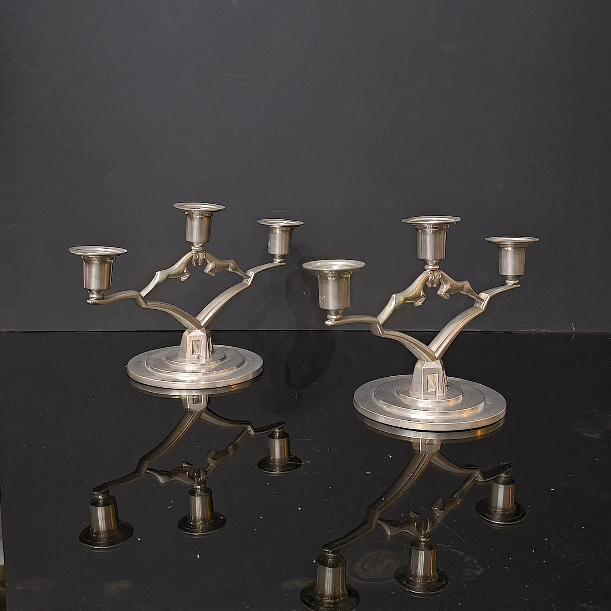Cast Art Deco Pewter Pair of Candle Holders by JL Hultman, Svenskt Tenn, Sweden 1933 For Sale