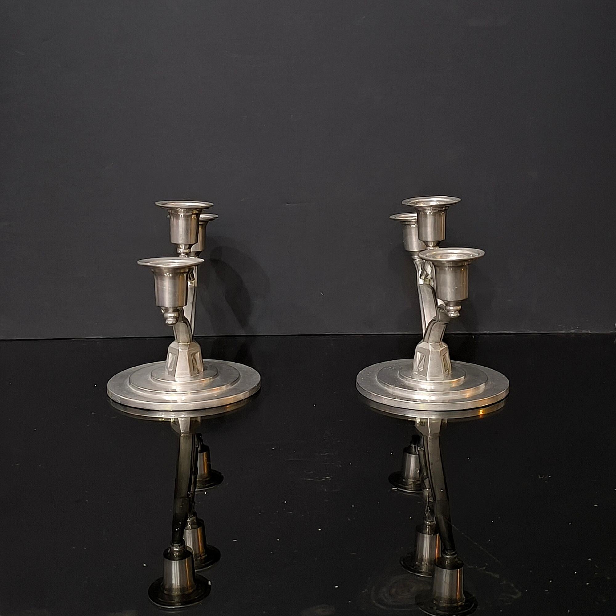 Art Deco Pewter Pair of Candle Holders by JL Hultman, Svenskt Tenn, Sweden 1933 In Good Condition For Sale In Bochum, NRW