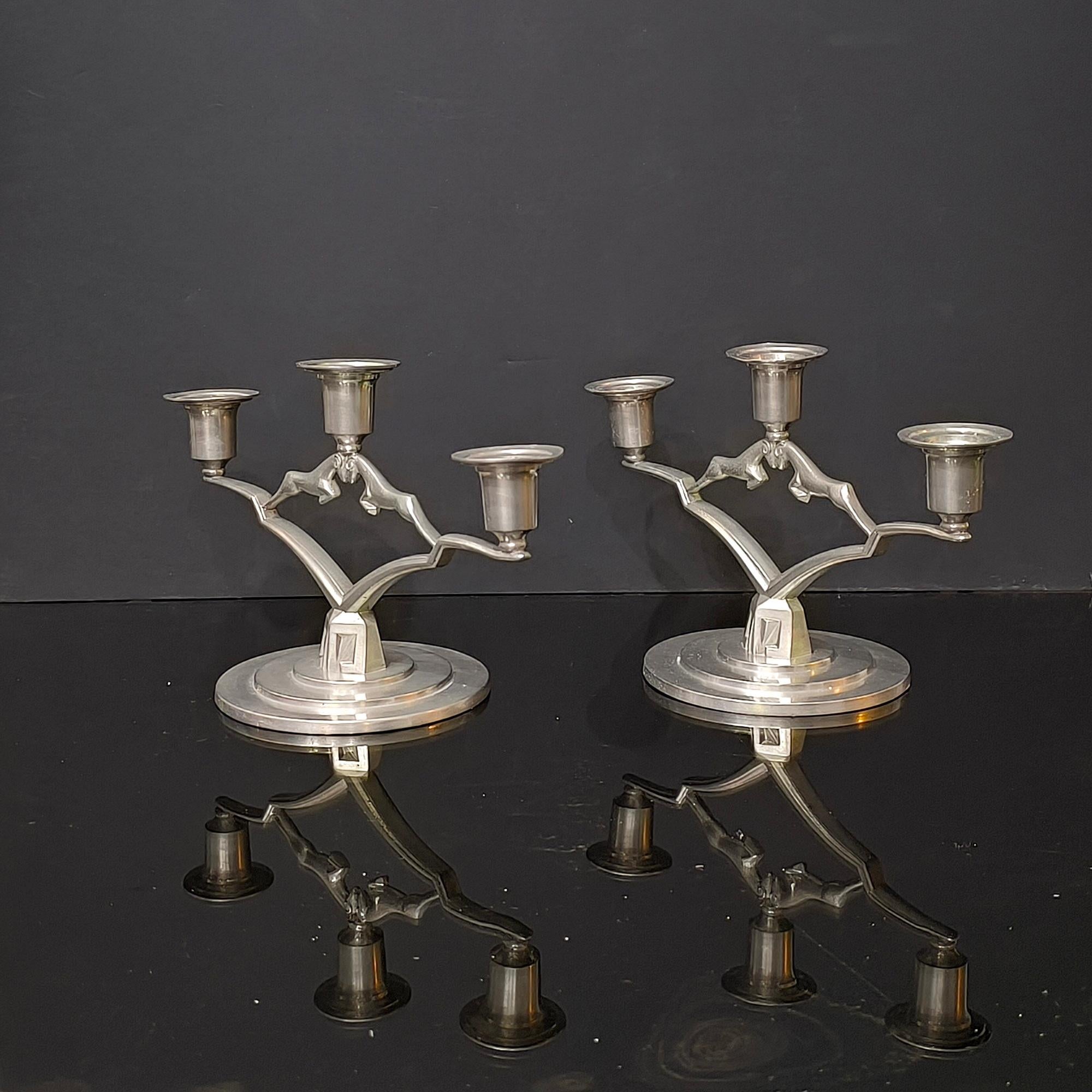 Mid-20th Century Art Deco Pewter Pair of Candle Holders by JL Hultman, Svenskt Tenn, Sweden 1933 For Sale