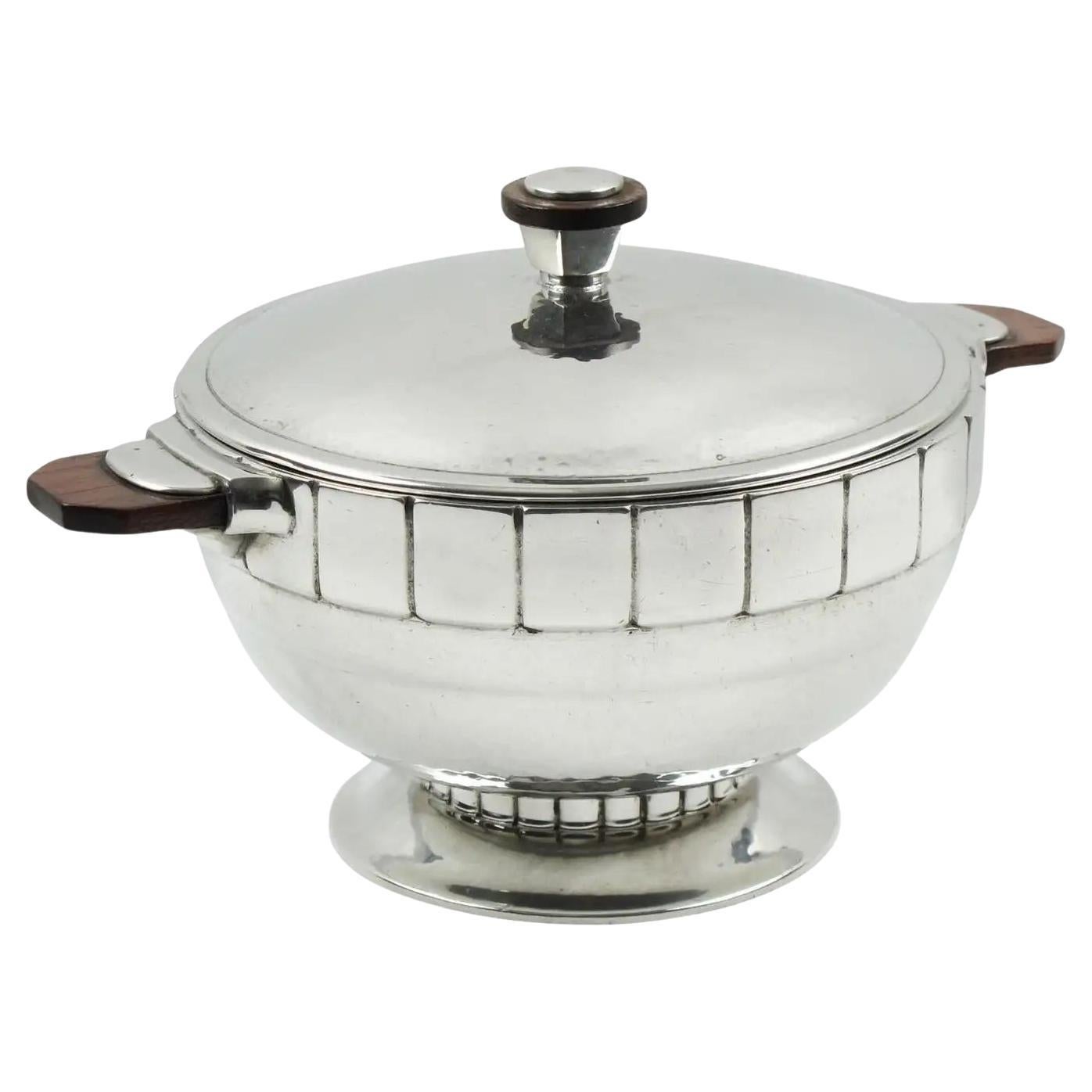 Art Deco Pewter Tureen Covered Dish Centerpiece by H.J. Swiss, 1940s For Sale