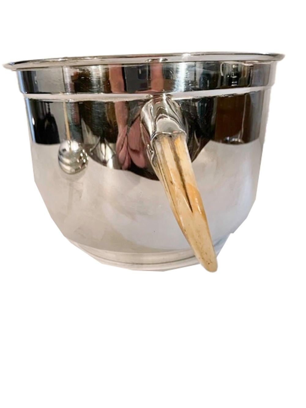 English Art Deco PH Vogel & Co. Silver Plate Ice Bucket with Boar Tusk Handles For Sale