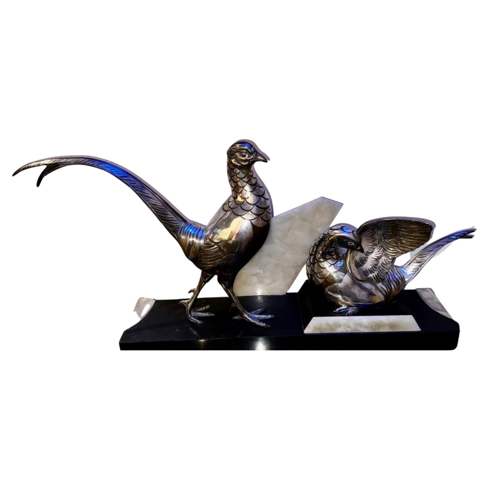 Statue d'oiseaux faisan Art Déco par Rochard Unique