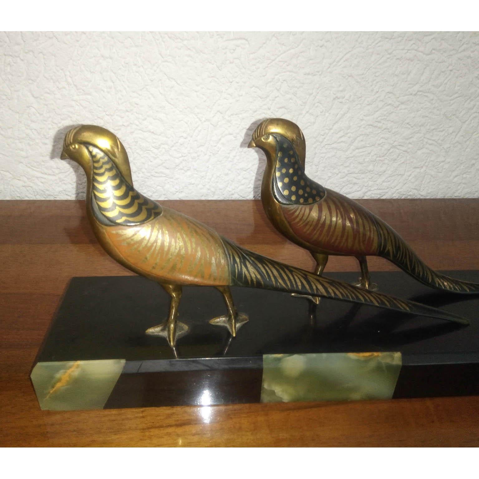 French Art Deco Pheasants Polychrome, Gilt Bronze, Marble and Onyx Base by M. Secondo