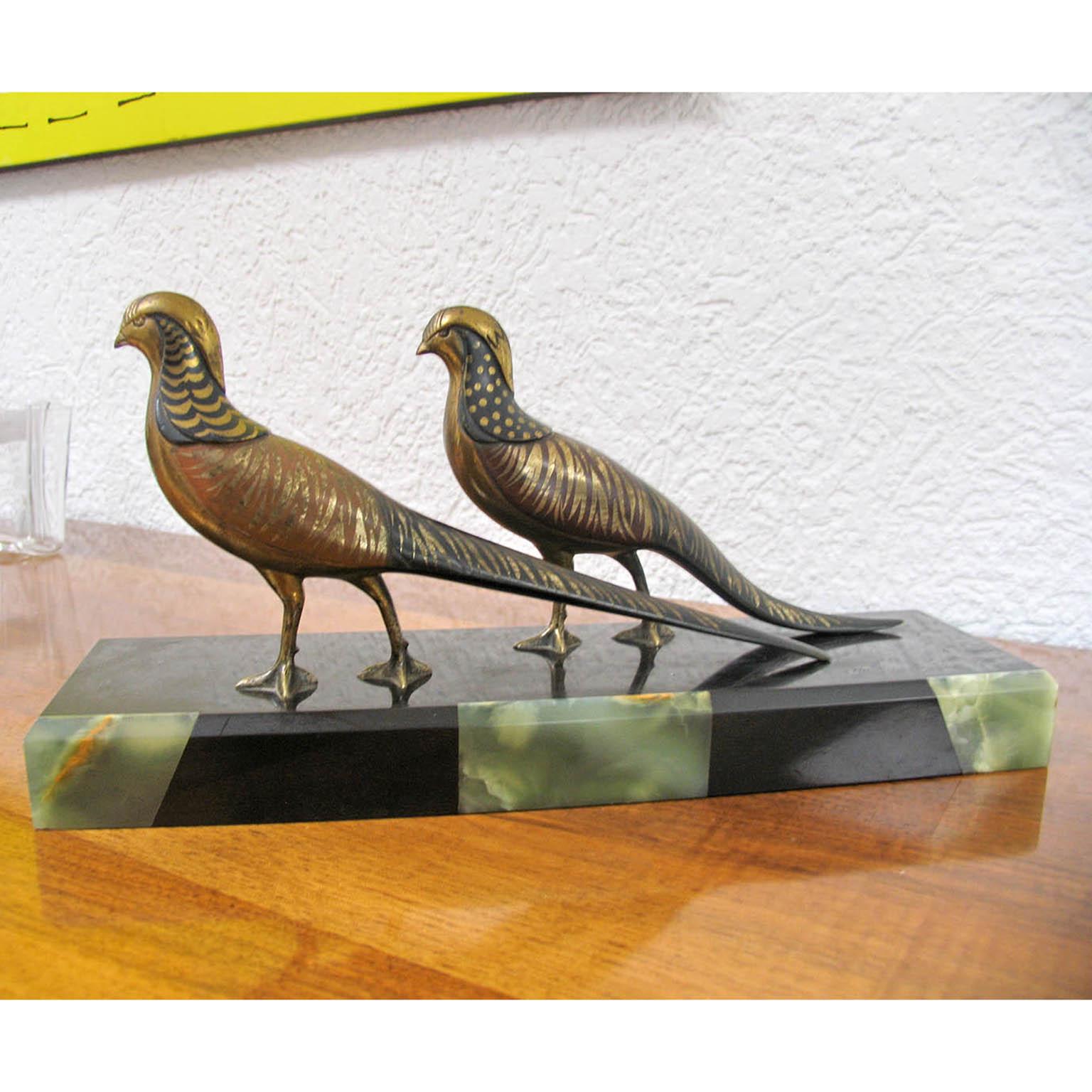 Early 20th Century Art Deco Pheasants Polychrome, Gilt Bronze, Marble and Onyx Base by M. Secondo
