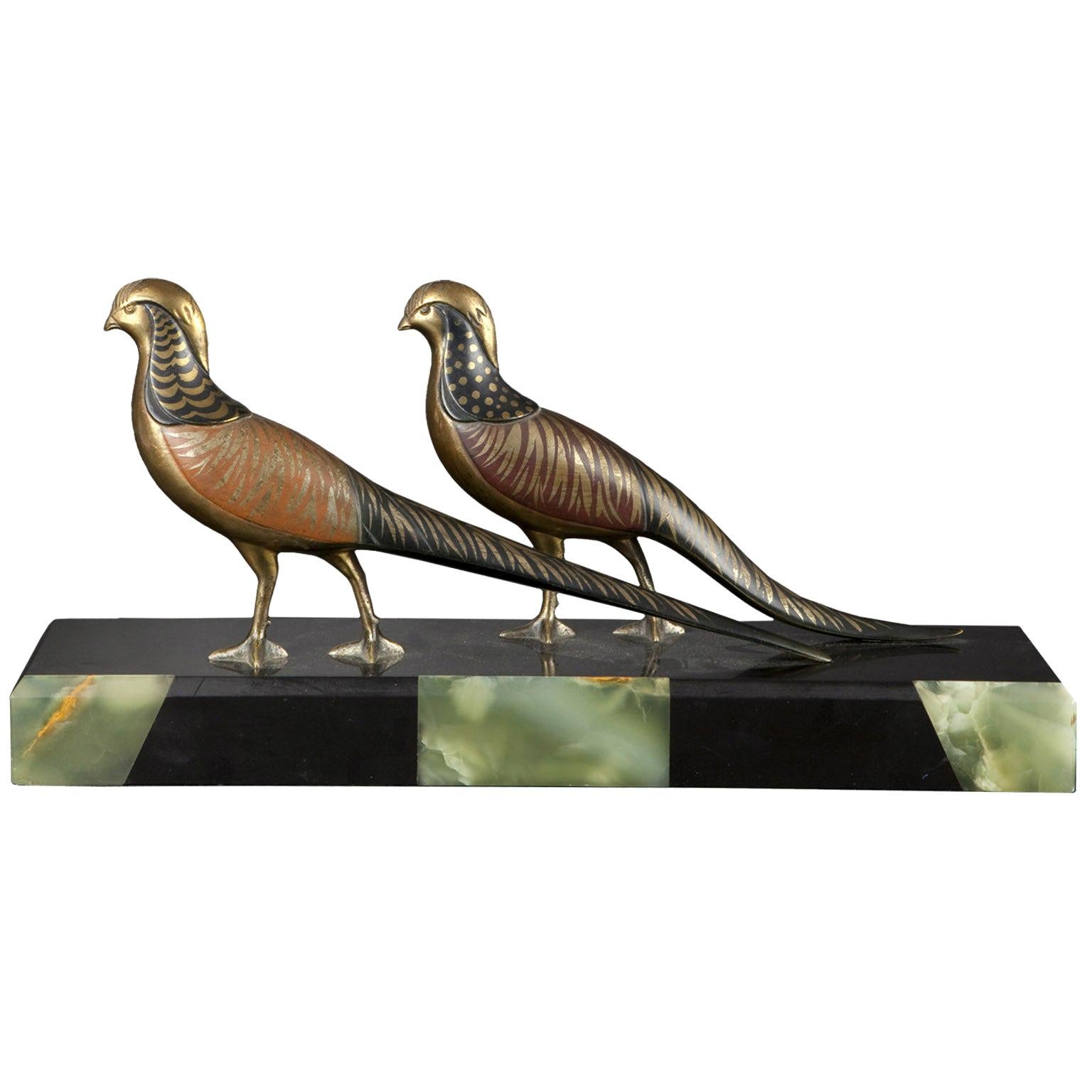 Art Deco Pheasants Polychrome, Gilt Bronze, Marble and Onyx Base by M. Secondo