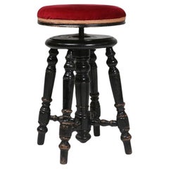 Art Deco piano stool in black lacquered wood / red velvet upholster, France 1930