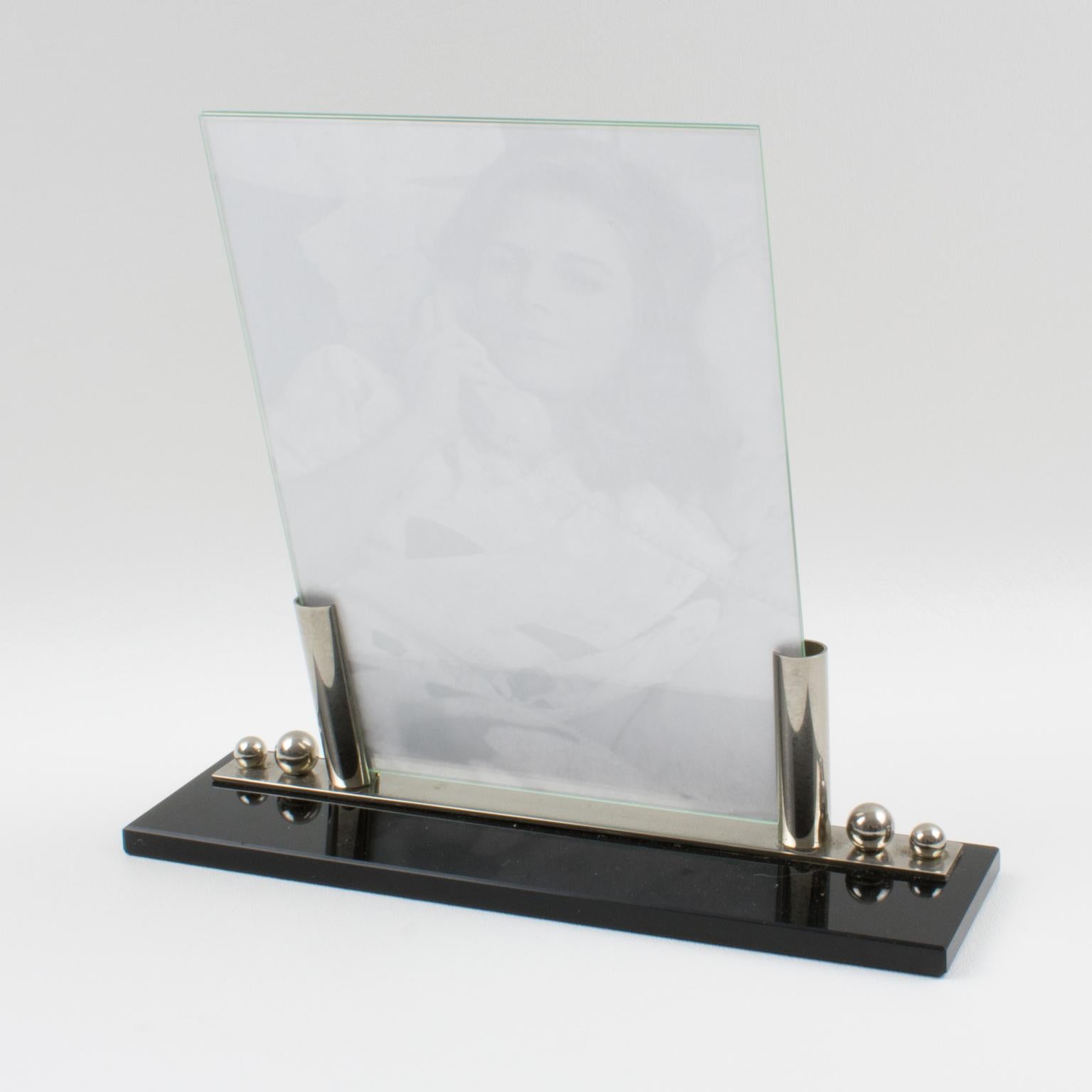 Art Deco Picture Frame Black Opaline Glass and Chrome In Excellent Condition In Atlanta, GA