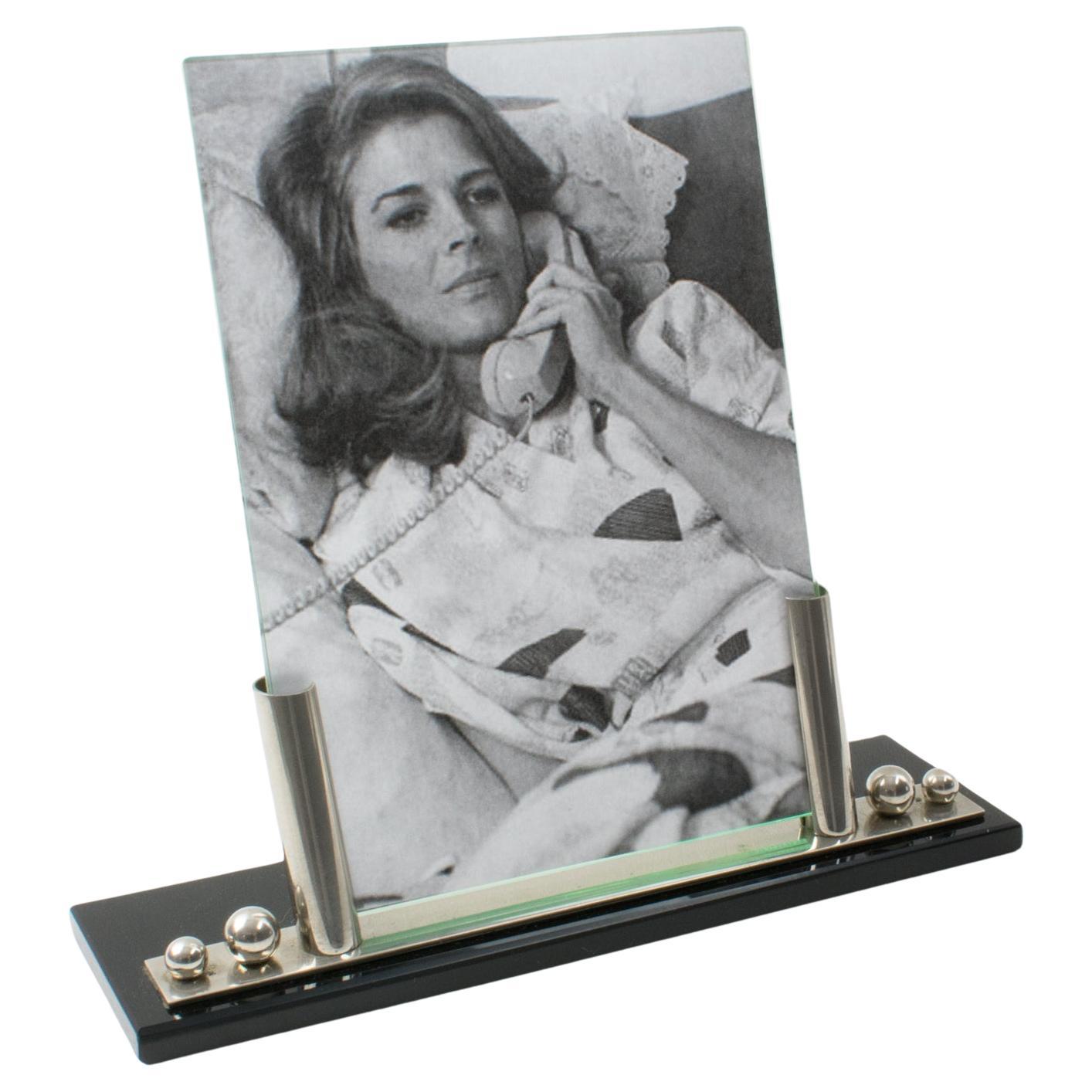 Art Deco Picture Frame Black Opaline Glass and Chrome For Sale