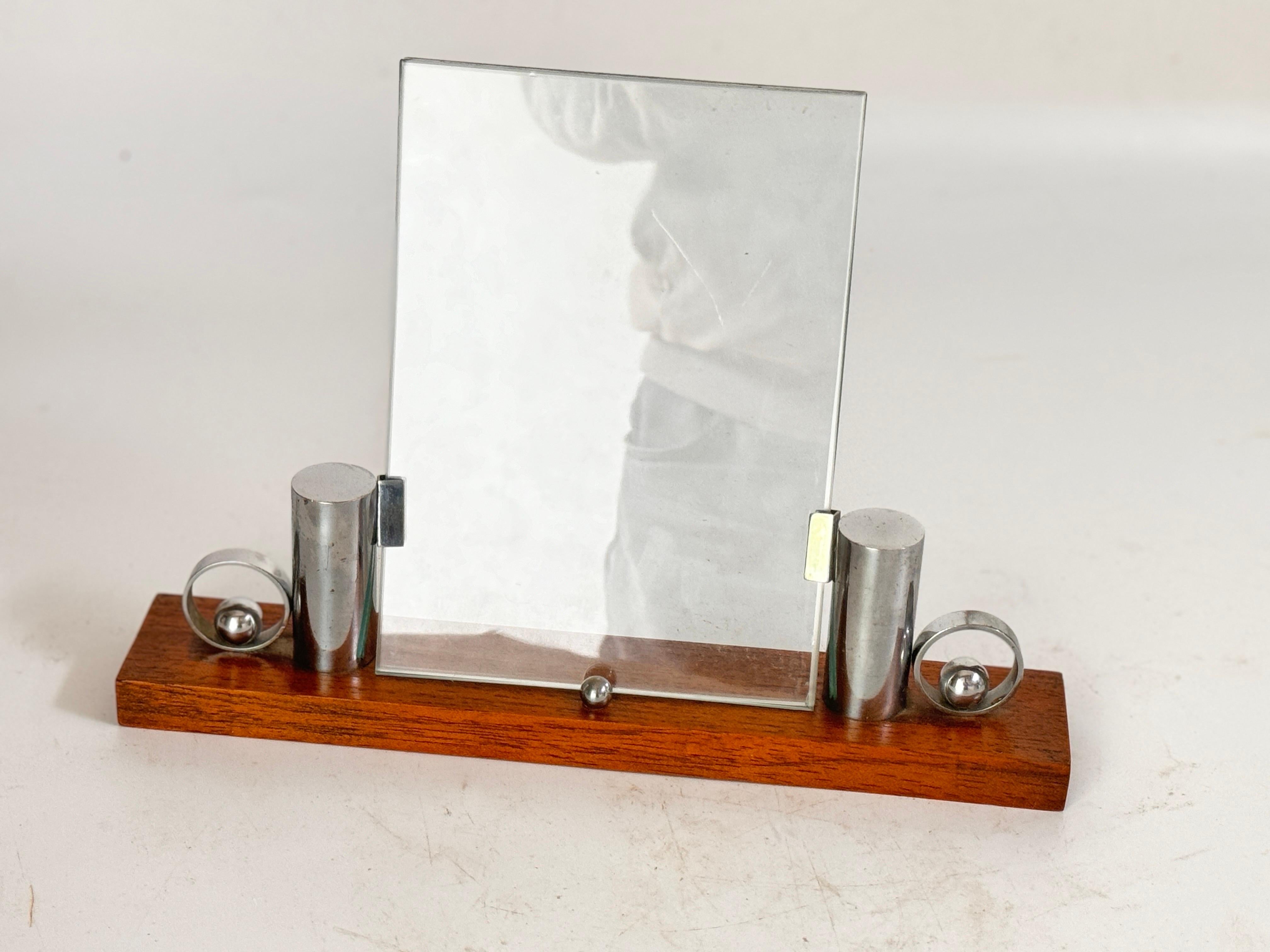 Mid-20th Century Art Deco Picture Frame brown Wood and Chrome Structure Mirror, France Circa 1935 For Sale