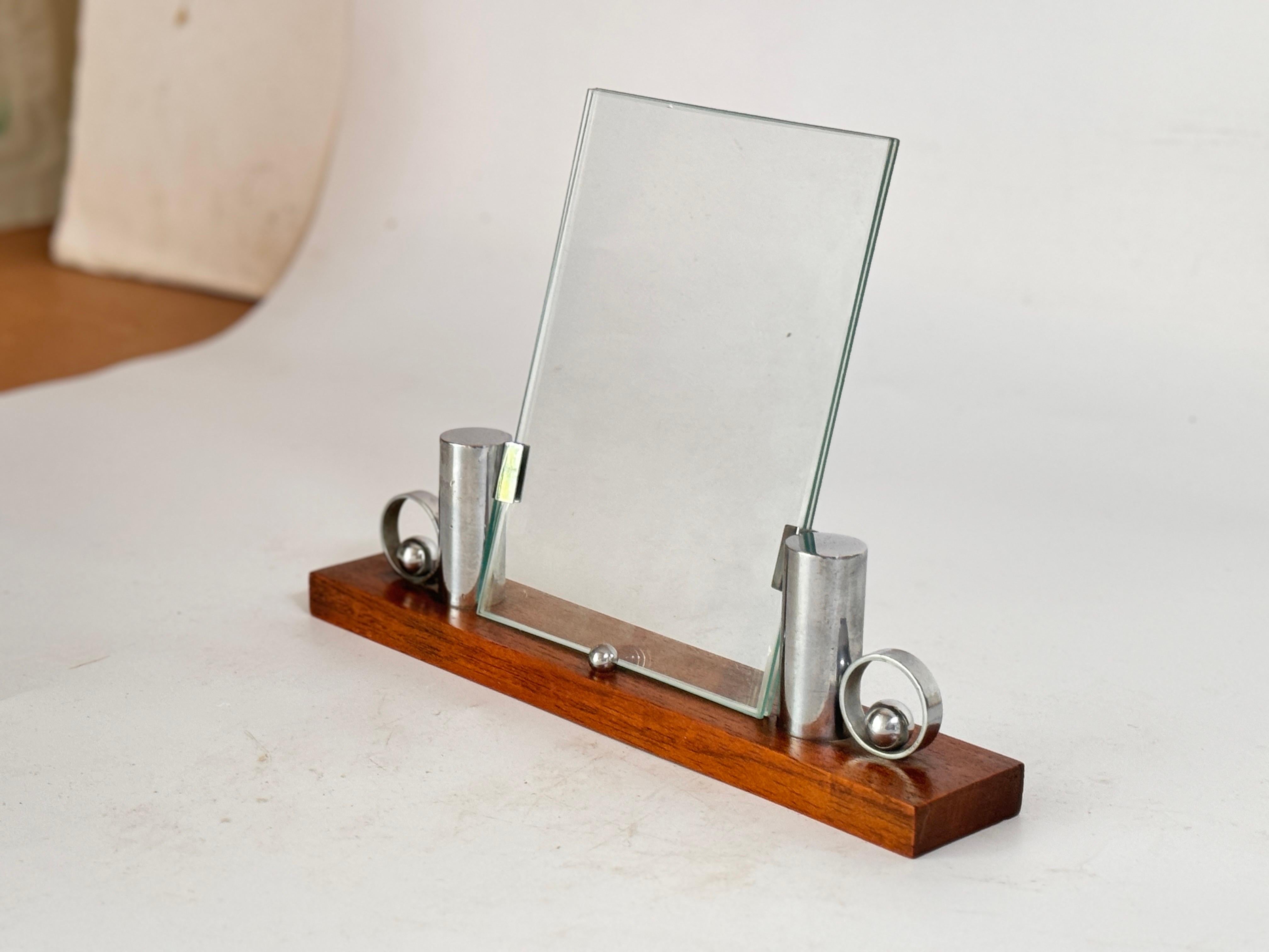 Metal Art Deco Picture Frame brown Wood and Chrome Structure Mirror, France Circa 1935 For Sale