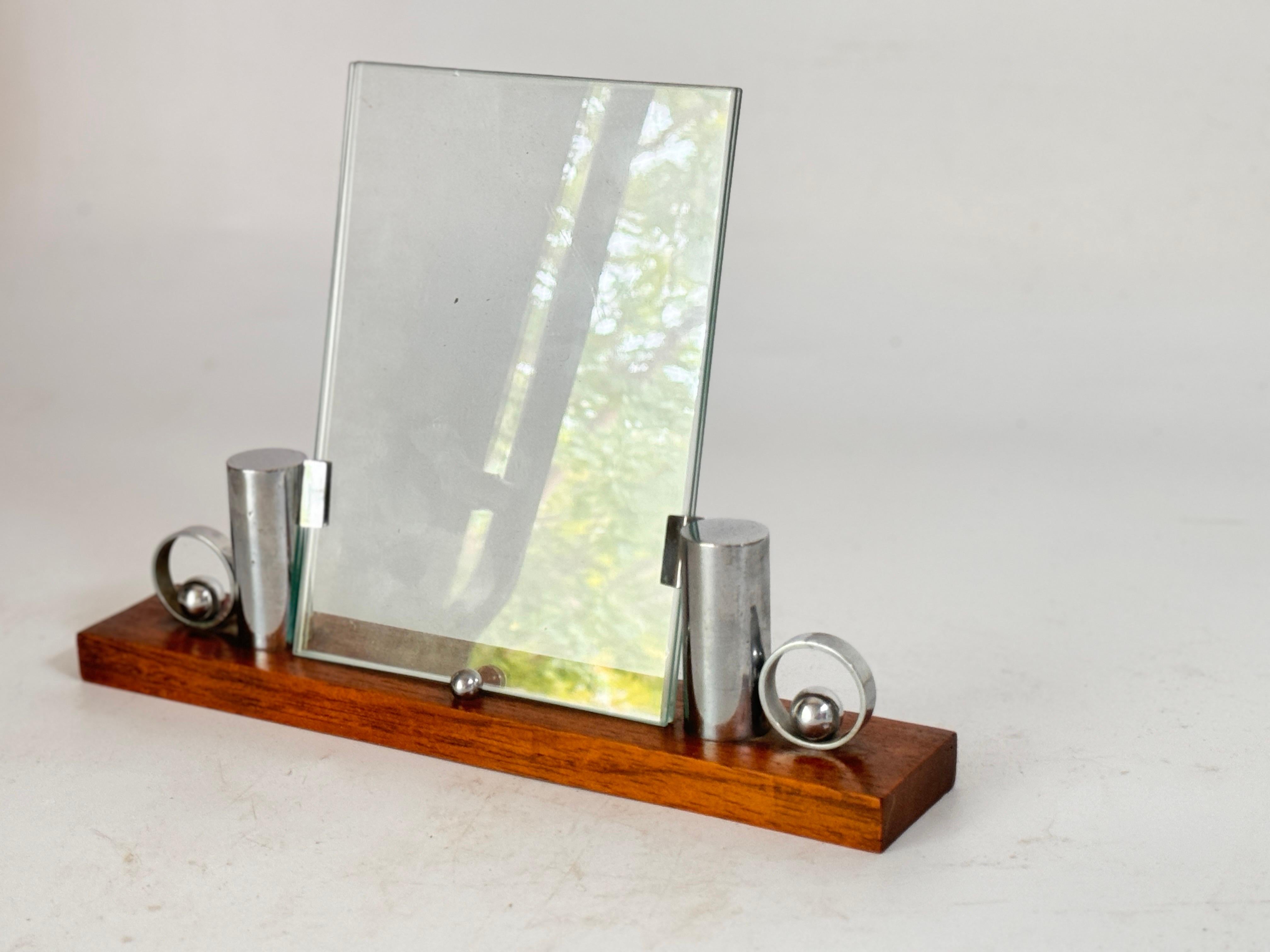 Art Deco Picture Frame brown Wood and Chrome Structure Mirror, France Circa 1935 For Sale 1