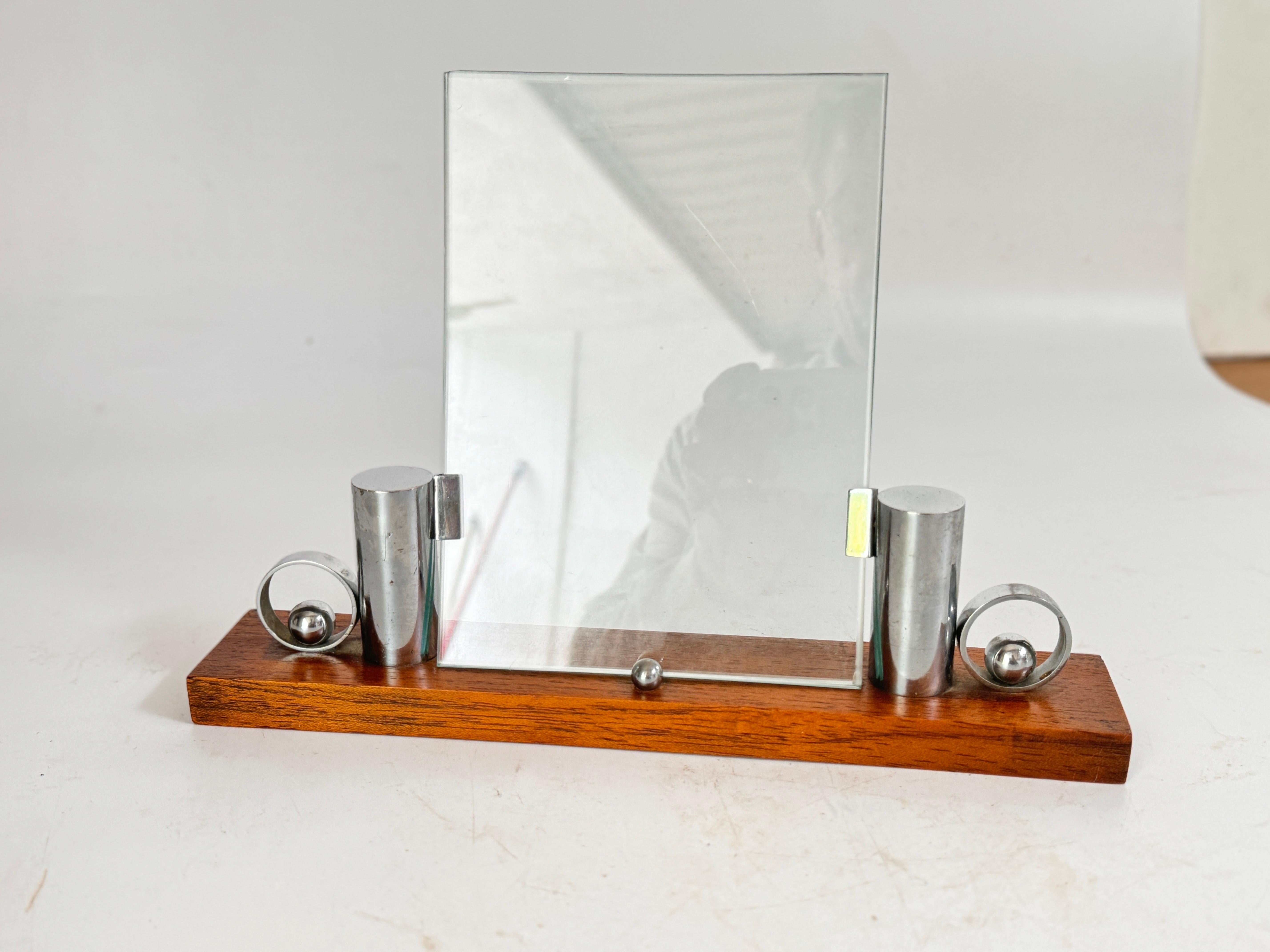 Art Deco Picture Frame brown Wood and Chrome Structure Mirror, France Circa 1935 For Sale 2