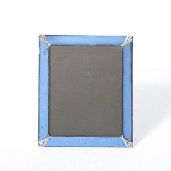 Art Deco Picture Frame in Blue Glass w/ Beveled Detailing & Chrome  Corners