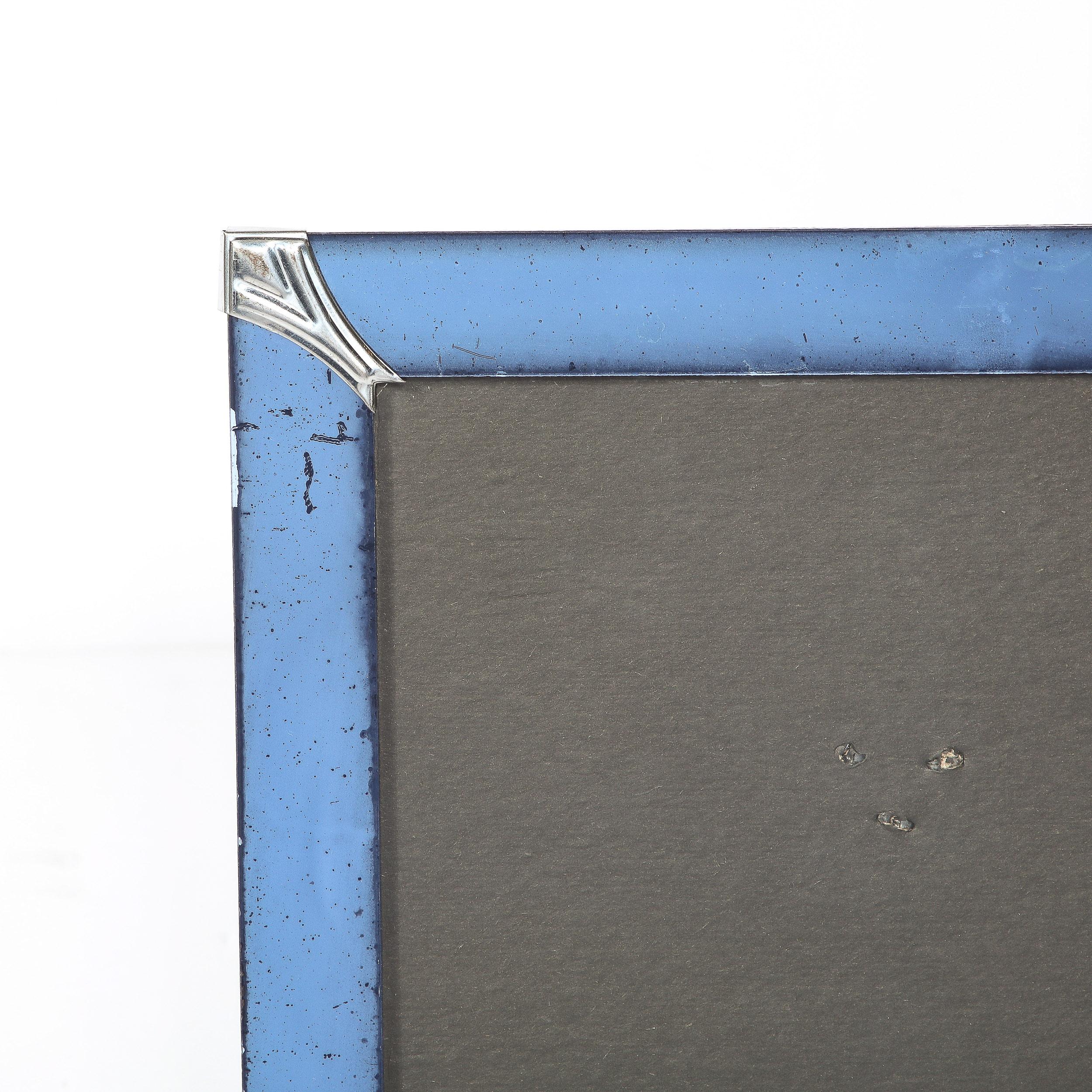 Mid-20th Century Art Deco Picture Frame in Blue Glass w/ Beveled Detailing & Chrome  Corners For Sale