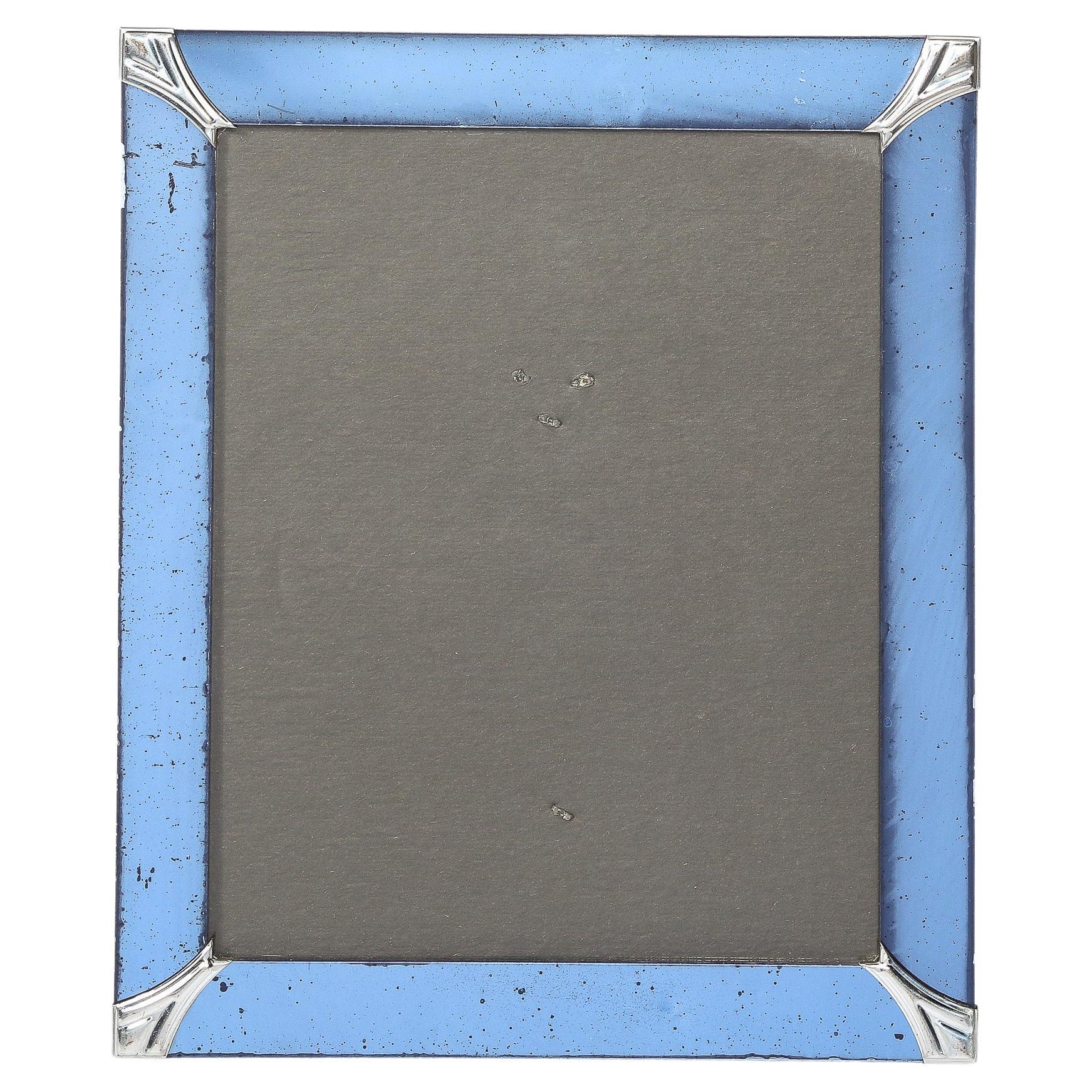 Art Deco Picture Frame in Blue Glass w/ Beveled Detailing & Chrome  Corners For Sale